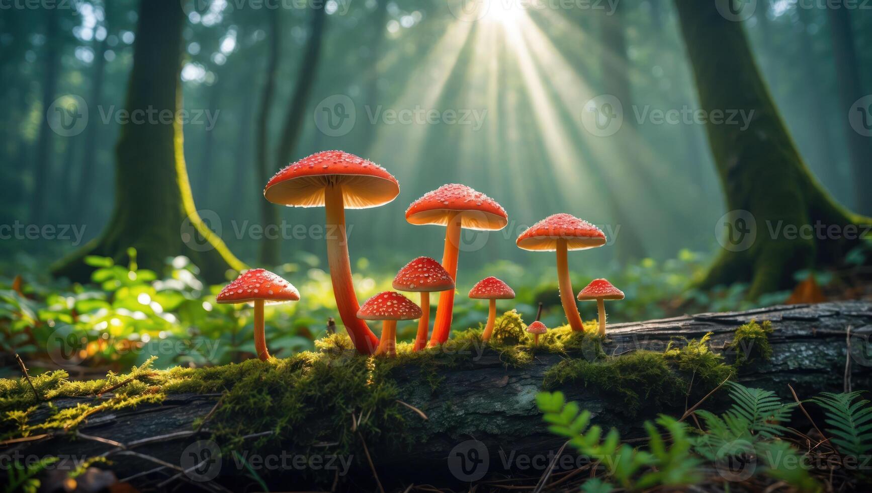 Mushrooms Growing on Mossy Log in Forest with Sunlight Streaming Through photo