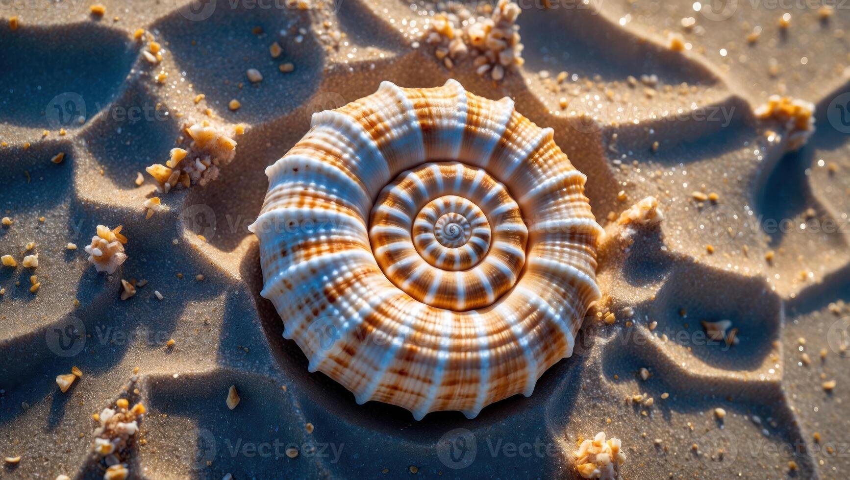 Seashell with Striped Pattern Resting on a Sandy Beach Surface photo