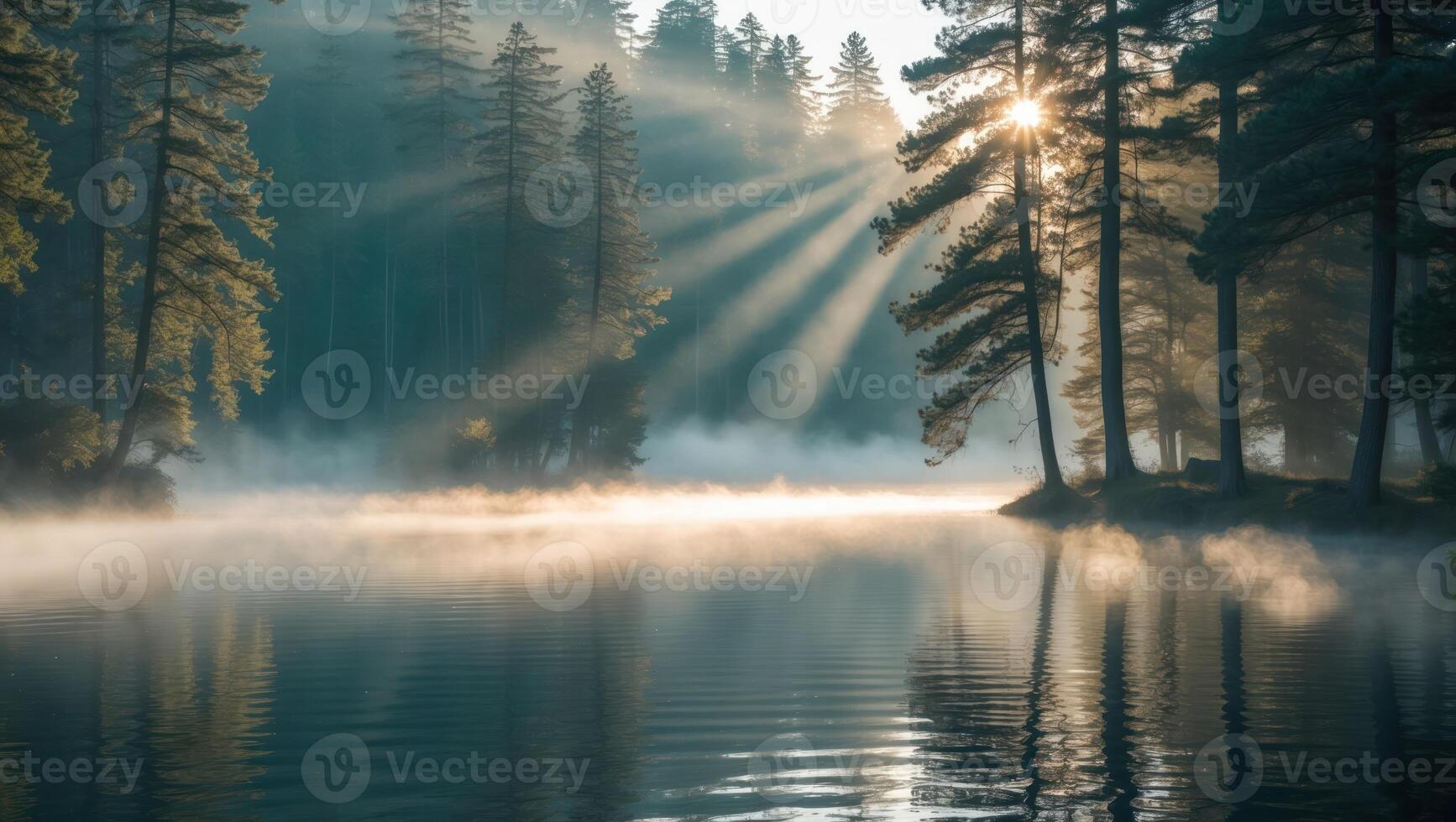 Sunrise Over Foggy Lake with Rays Through the Trees Creating Serenity photo