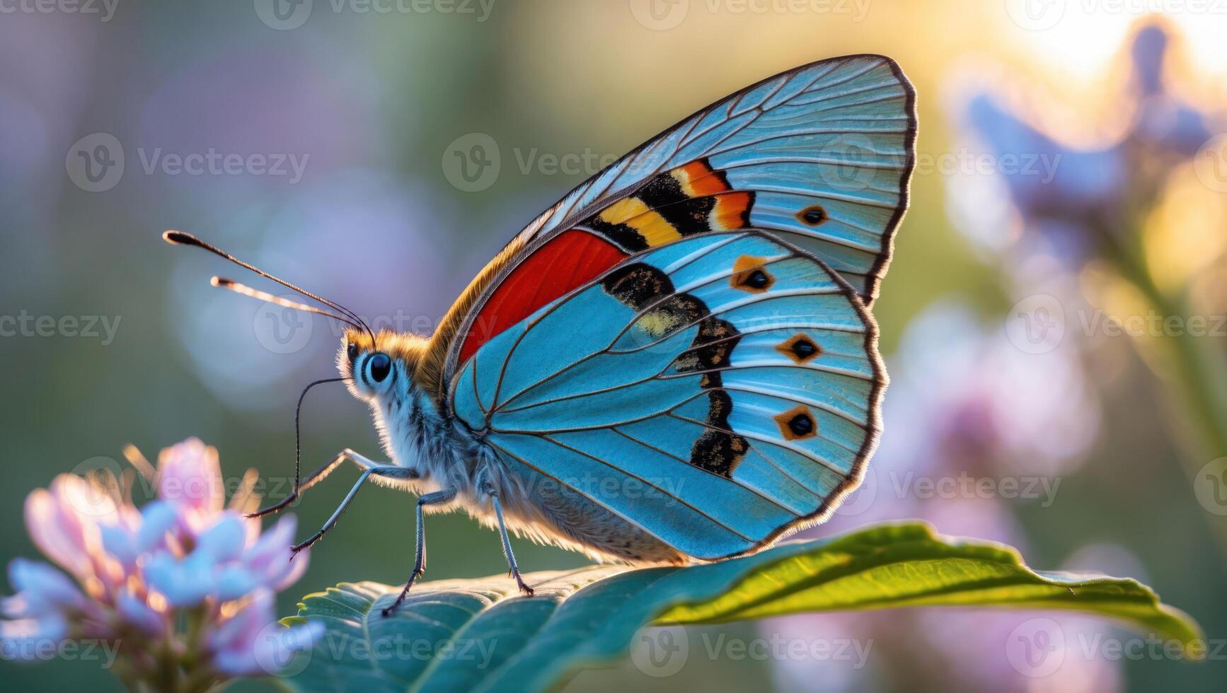 Butterfly on Flower with Colorful Wings Enjoying Sunlight in Garden photo