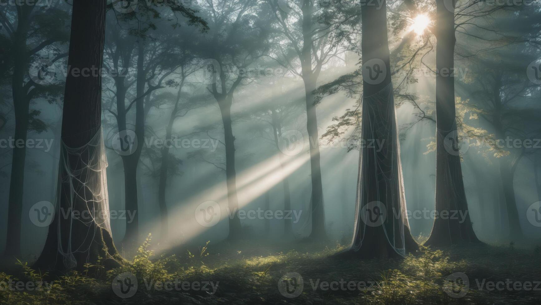 Sun Rays Shining Through Foggy Forest Creates Ethereal and Mysterious Scene photo