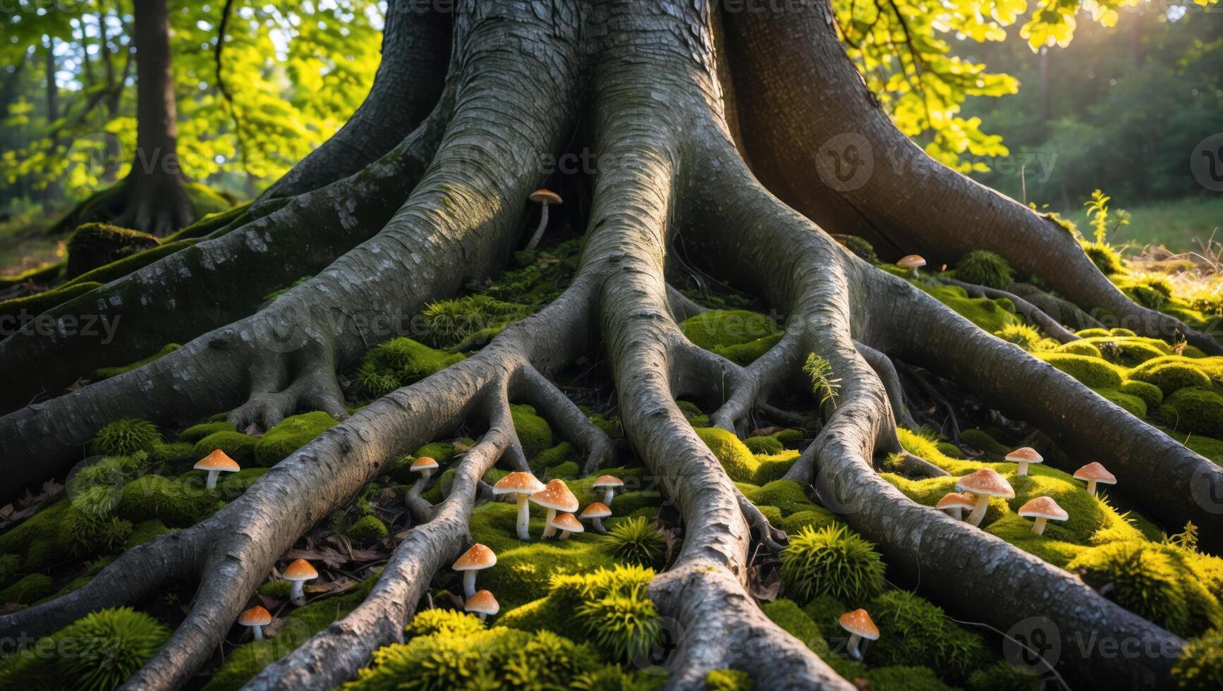 Tree Roots and Mushrooms in Forest with Mossy Ground photo