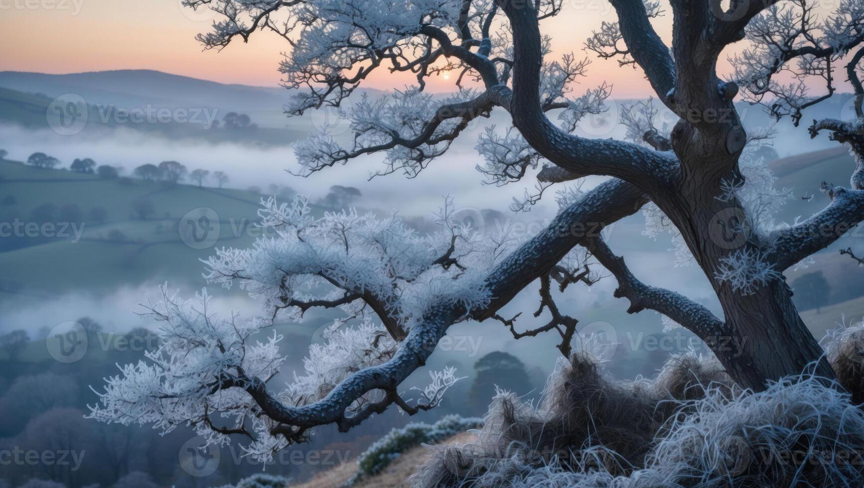 Frosty Tree Overlooking Misty Valley at Sunrise Creates Winter Landscape photo