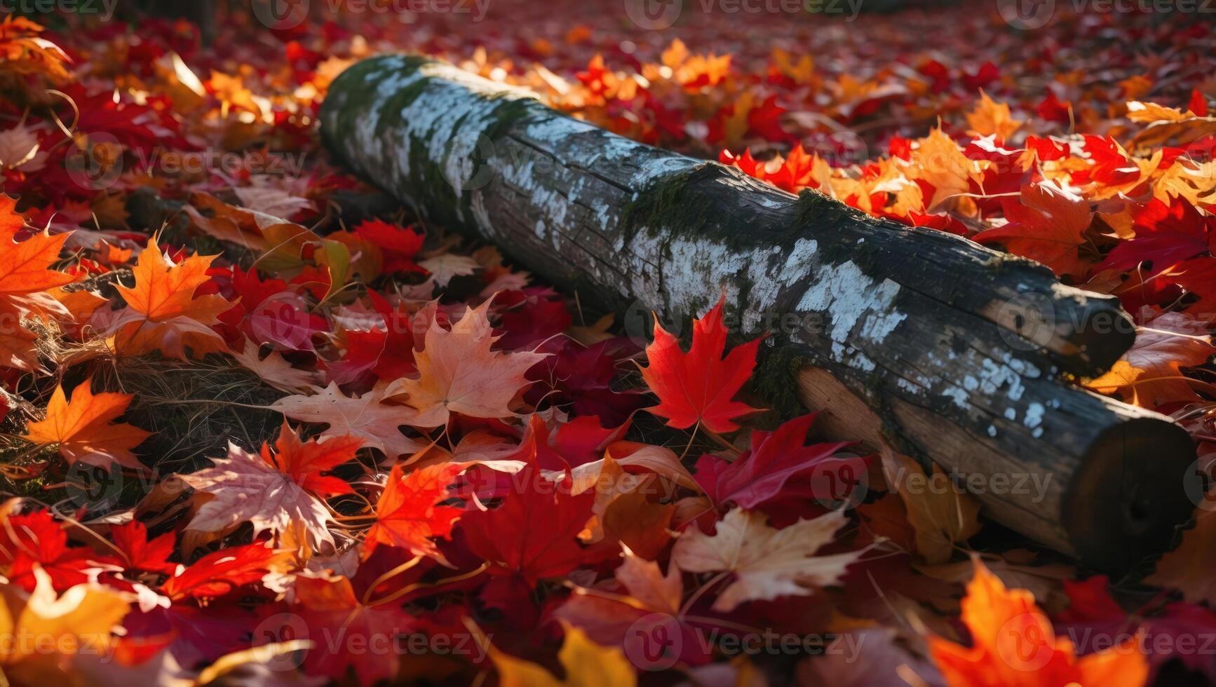 Fallen Maple Leaves Surrounding a Mossy Log During Autumn Season photo