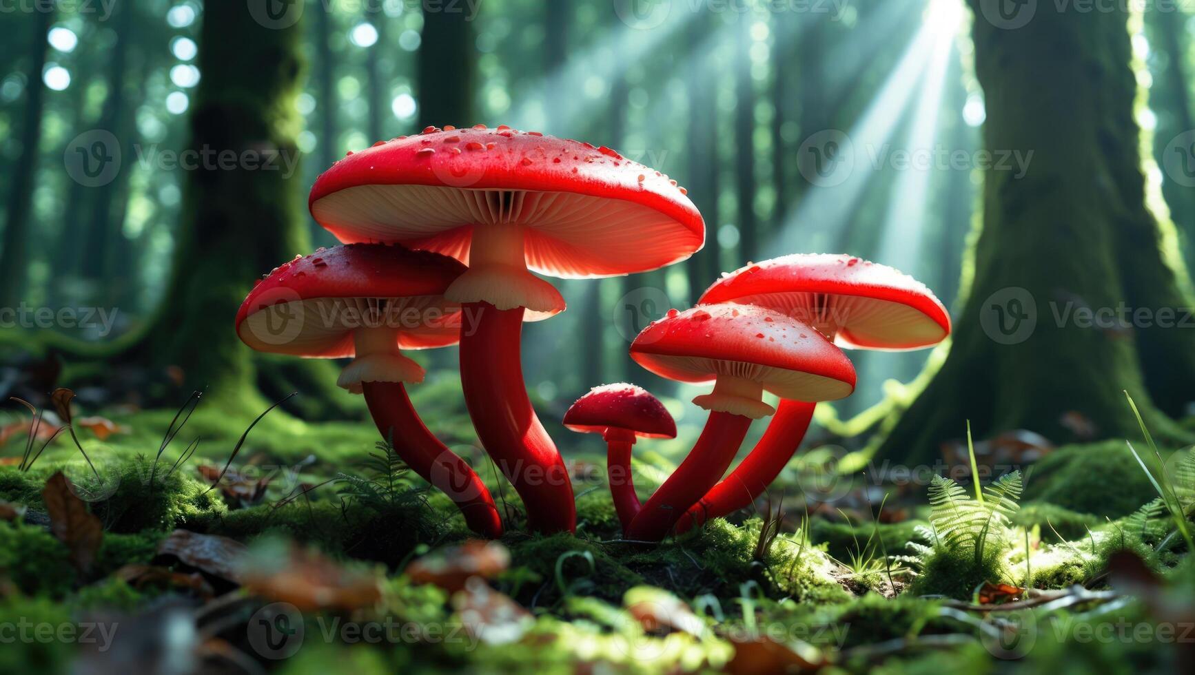 Red Mushrooms Growing in Forest with Sunlight Streaming Through Trees photo