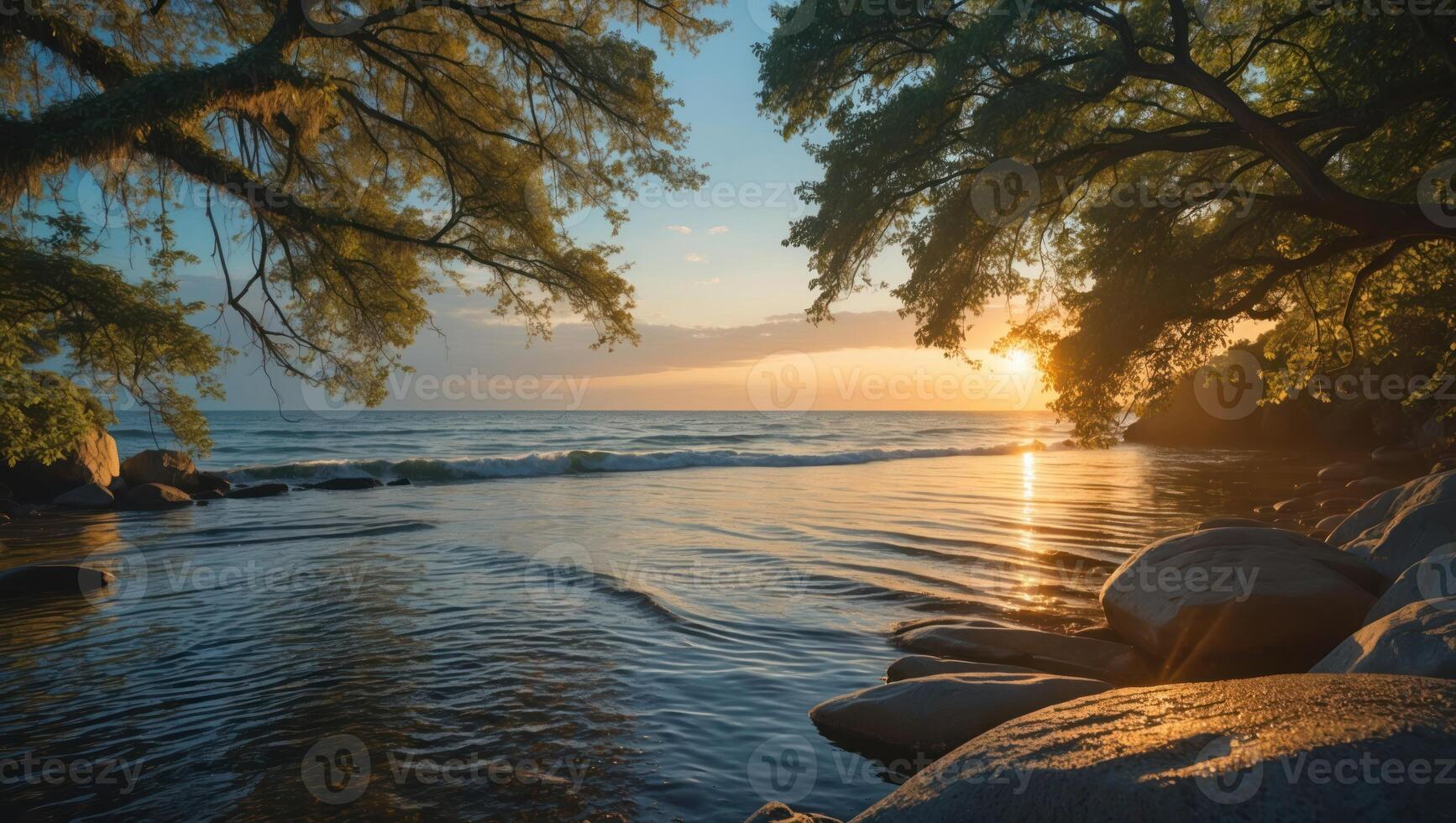 Coastal Scenery with Trees and Rocks During Golden Hour Sunset photo