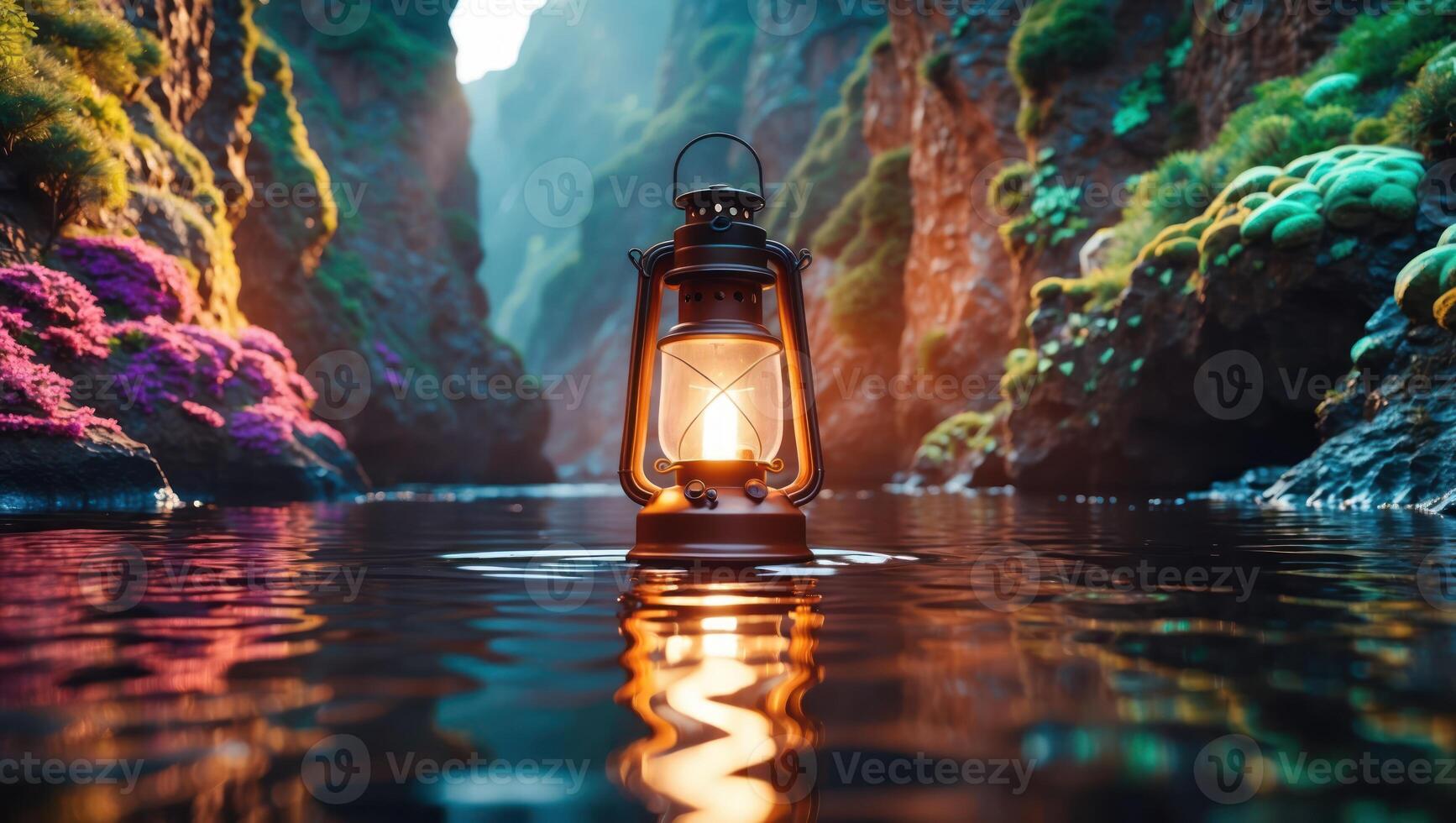Glowing Lantern Floating on Calm Water Within Rocky Canyon Scene photo