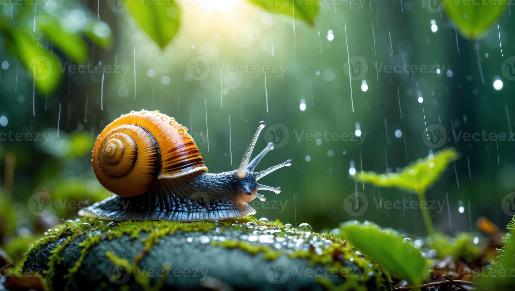Snail Crawling on Mossy Stone During a Rain Shower in Forest photo