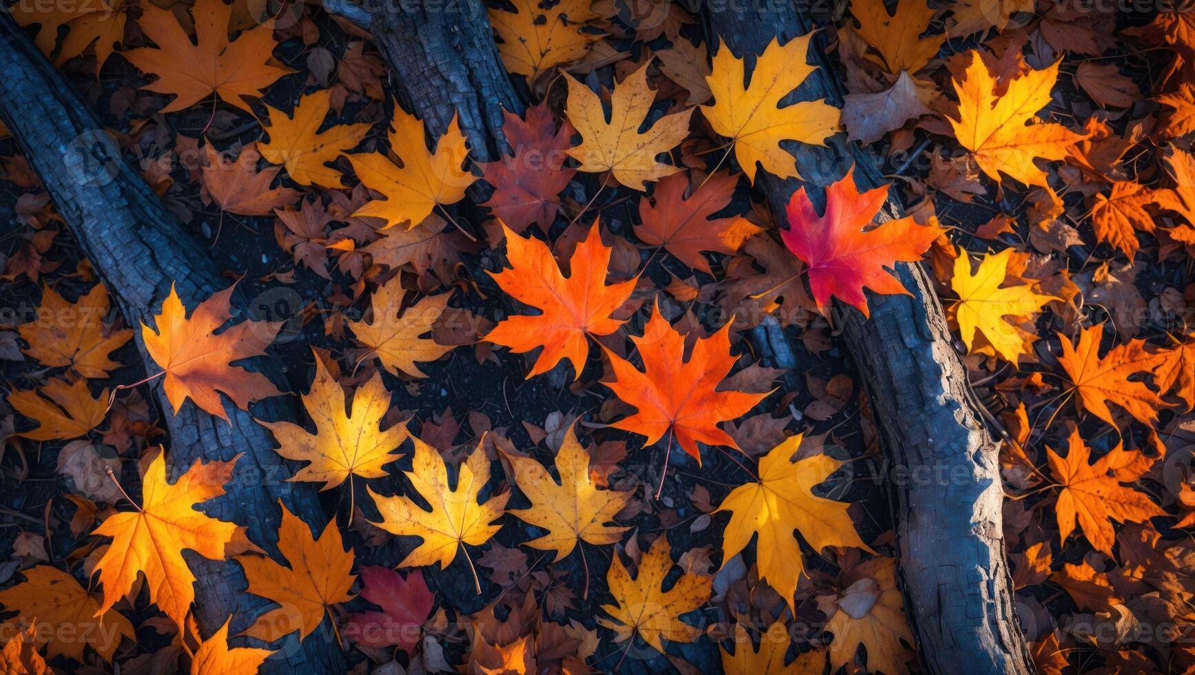 Colorful Autumn Leaves on Ground with Tree Trunk Season Change photo