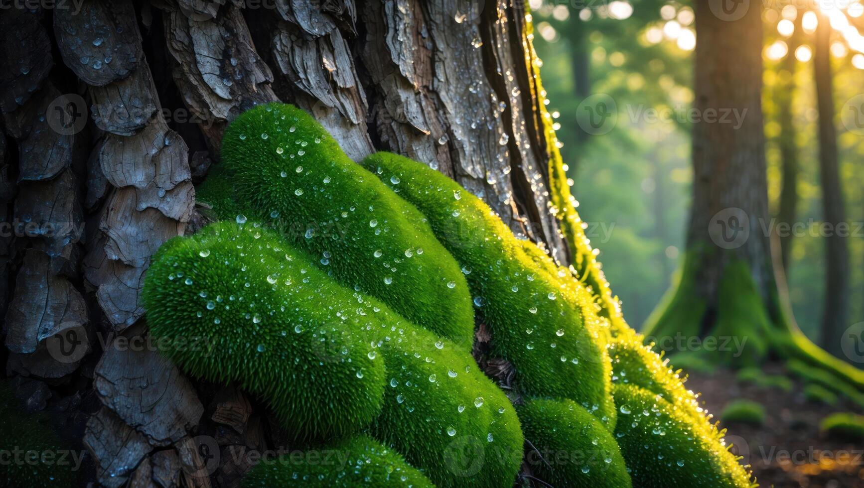 Moss Growing on Tree Trunk with Water Droplets in Forest photo