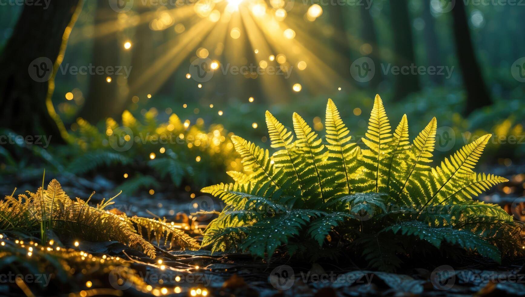 Ferns Glowing in Forest Sunlight with Bokeh and Magical Atmosphere photo