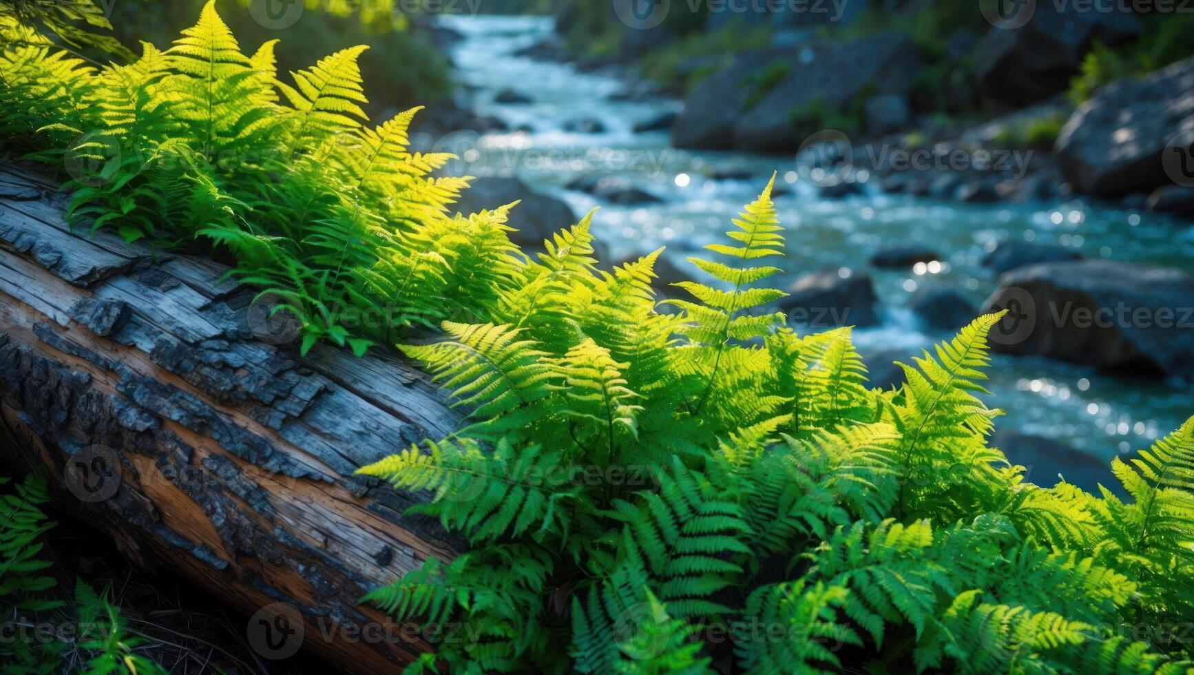 Ferns Growing on Log Next to Flowing Creek in Forest photo