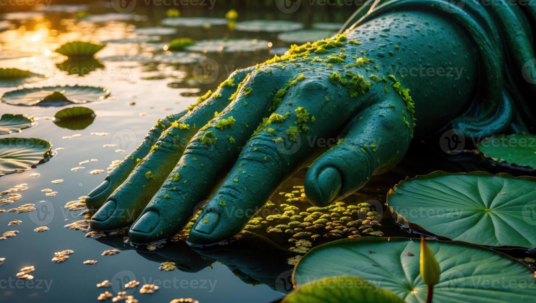 Green Hand Emerging From Water with Lily Pads at Sunset photo
