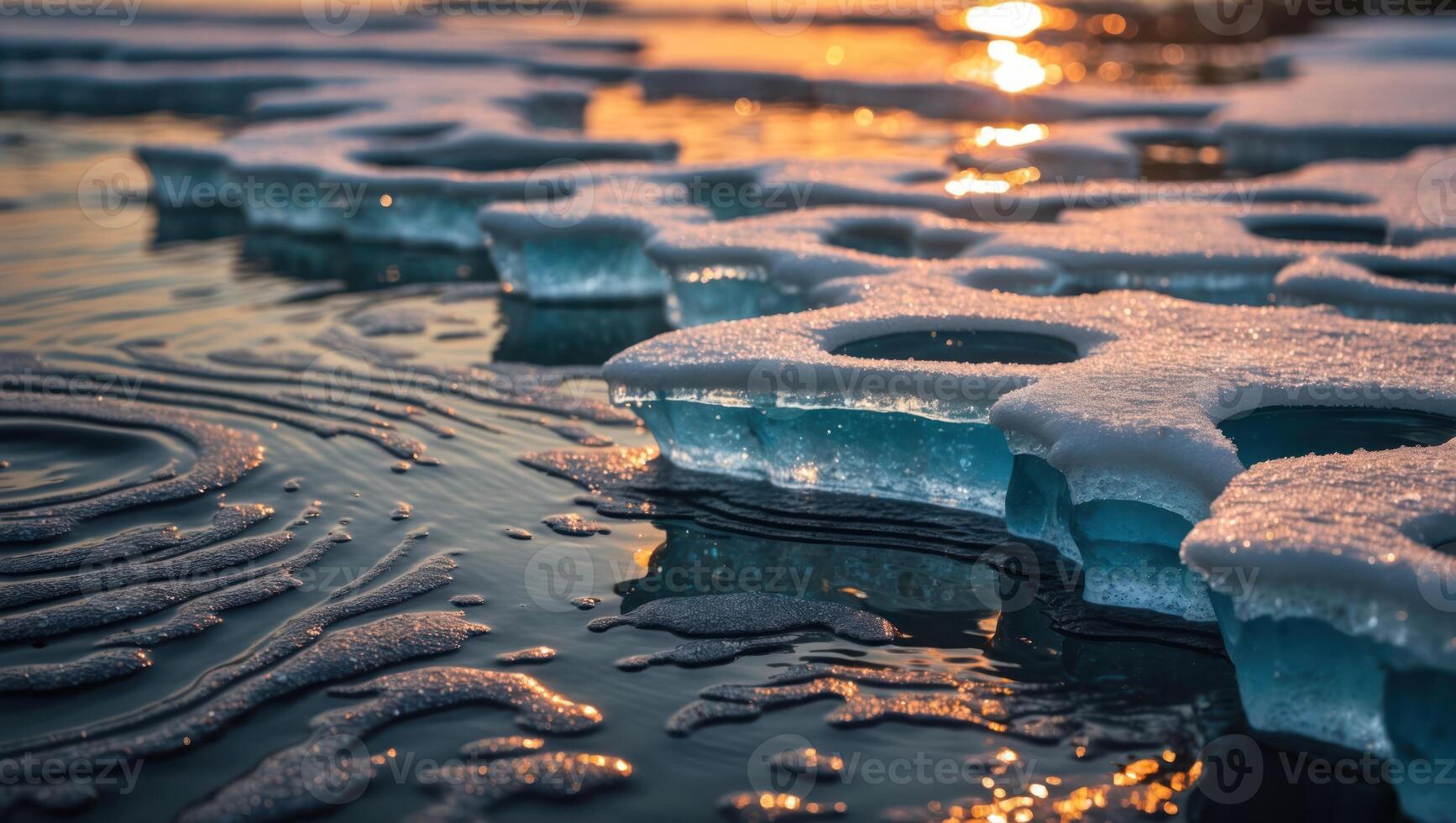 Melting Ice Floes Reflecting Sunlight in Arctic Waters at Sunset photo