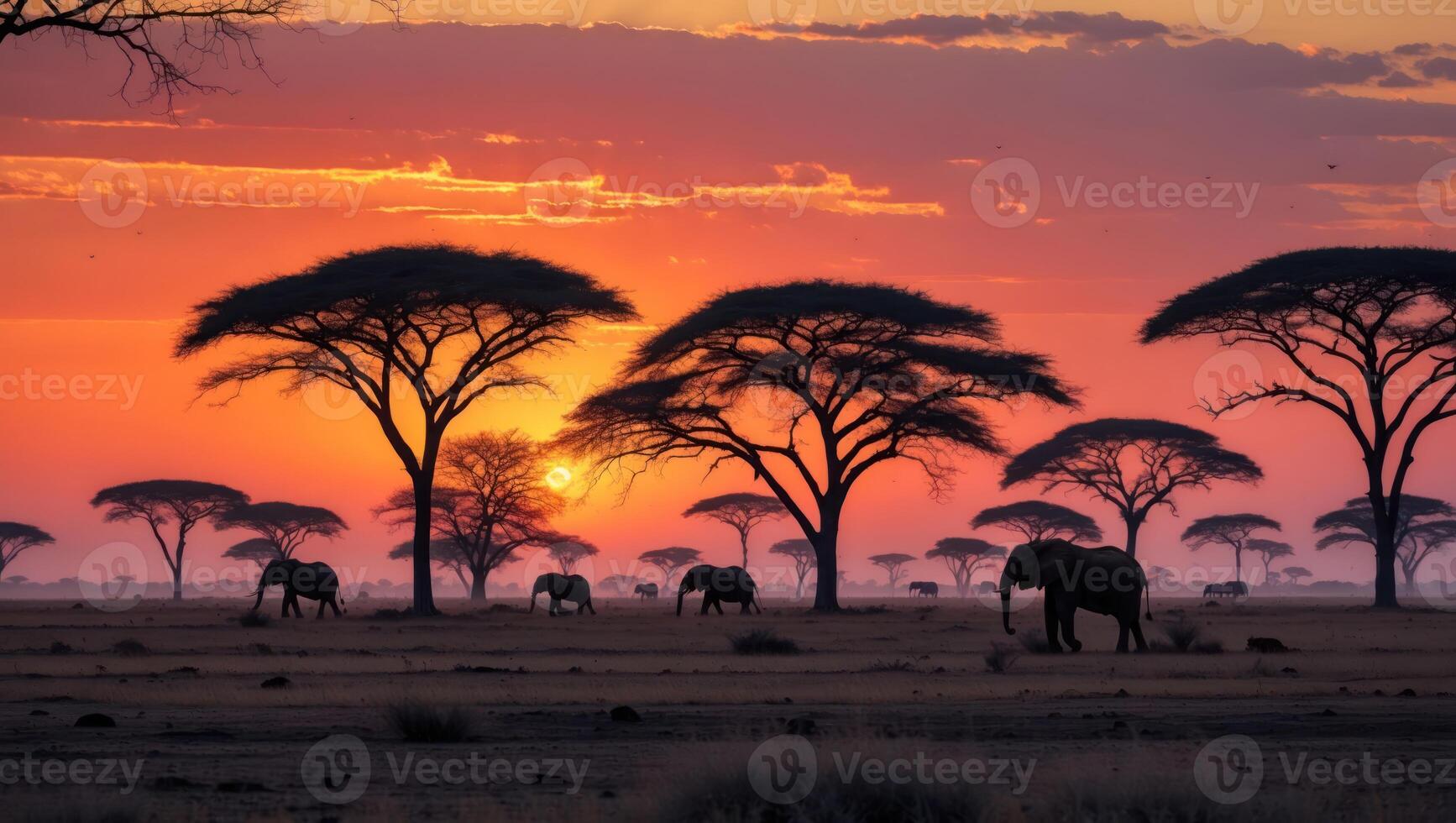 Elephants Walking on Savannah at Sunset with Colorful Sky photo