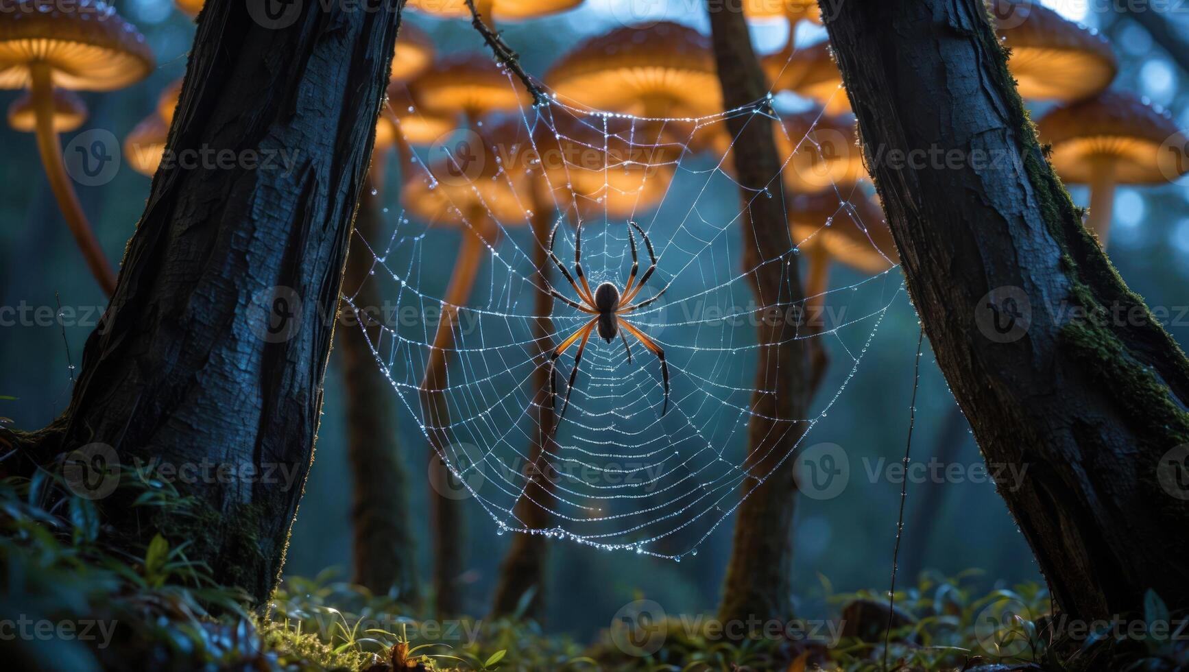 Spider in Wet Web Forest with Glowing Mushrooms Background photo