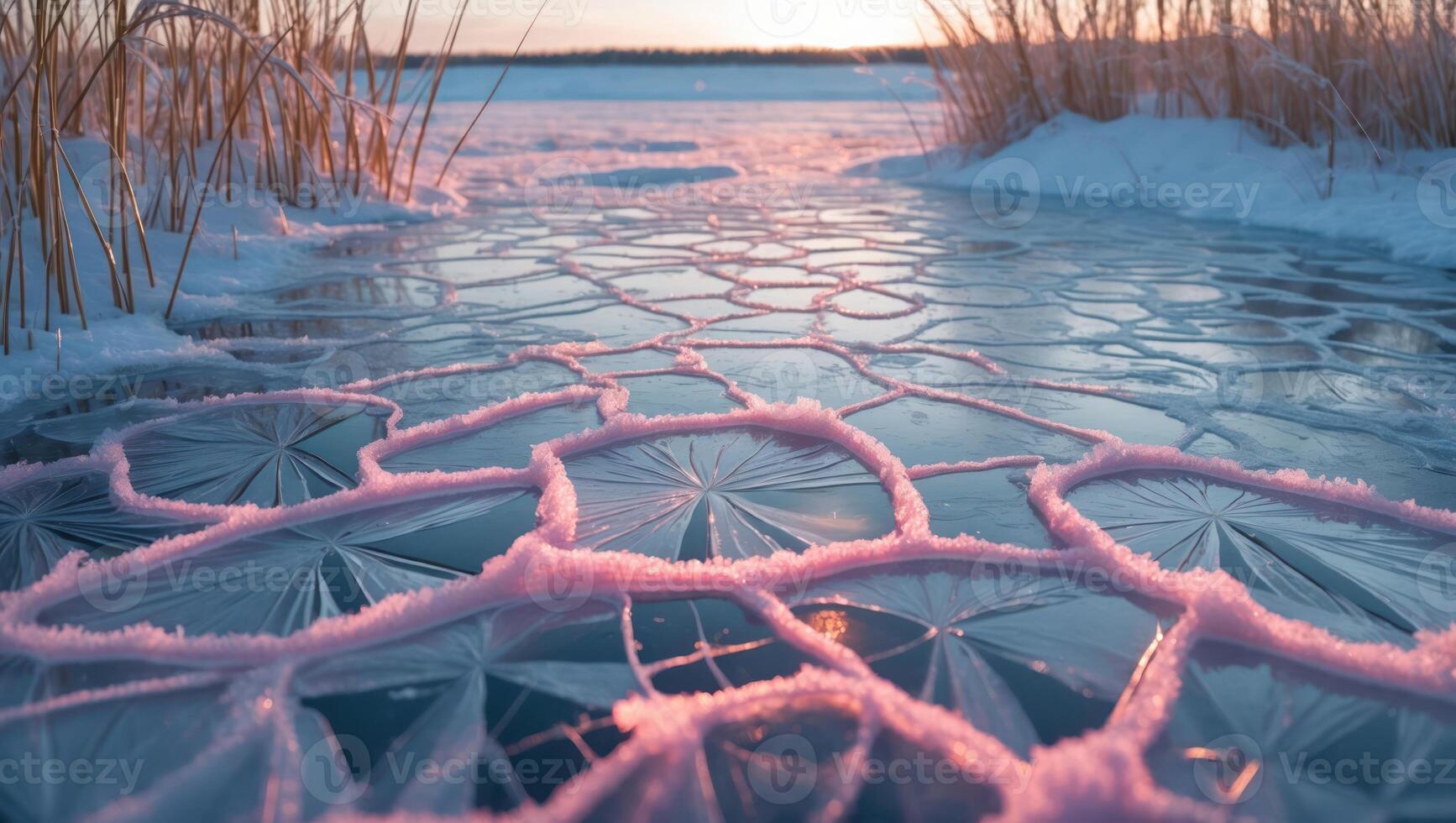 Frozen Lake Surface with Intricate Ice Patterns at Winter Sunrise photo