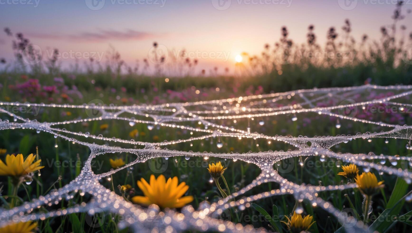 Dew Covered Spiderweb in a Meadow at Sunrise with Wildflowers photo