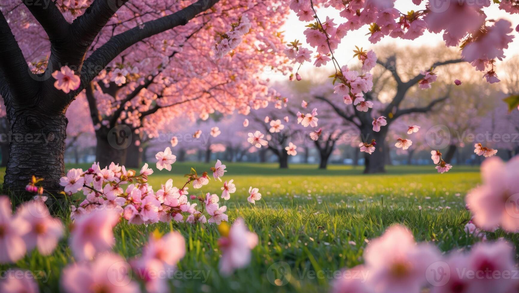 Cherry Blossom Trees in Bloom with Petals Falling on Green Grass photo