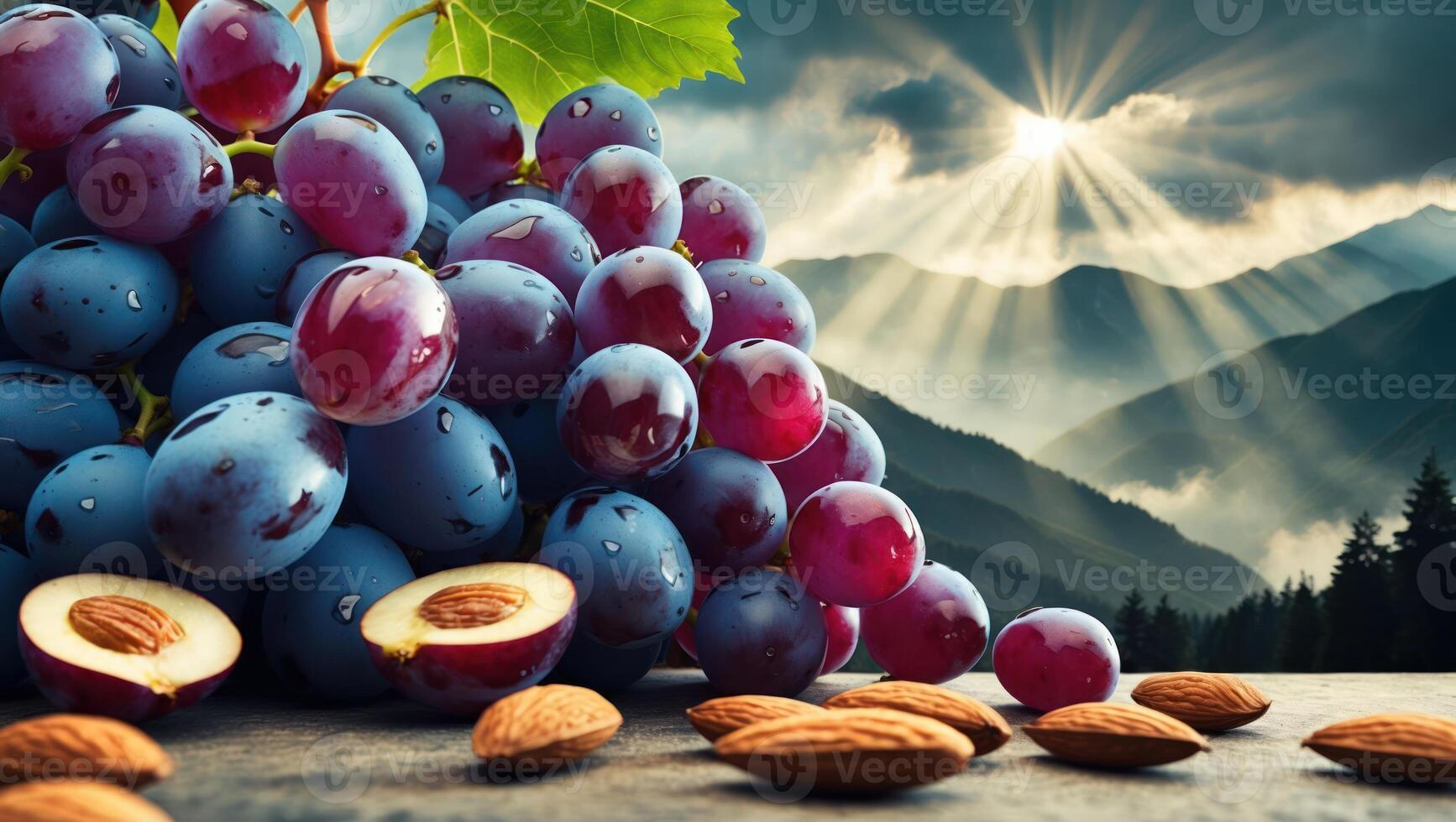 Close-up of Grapes and Almonds with Mountain Scenery in Background photo