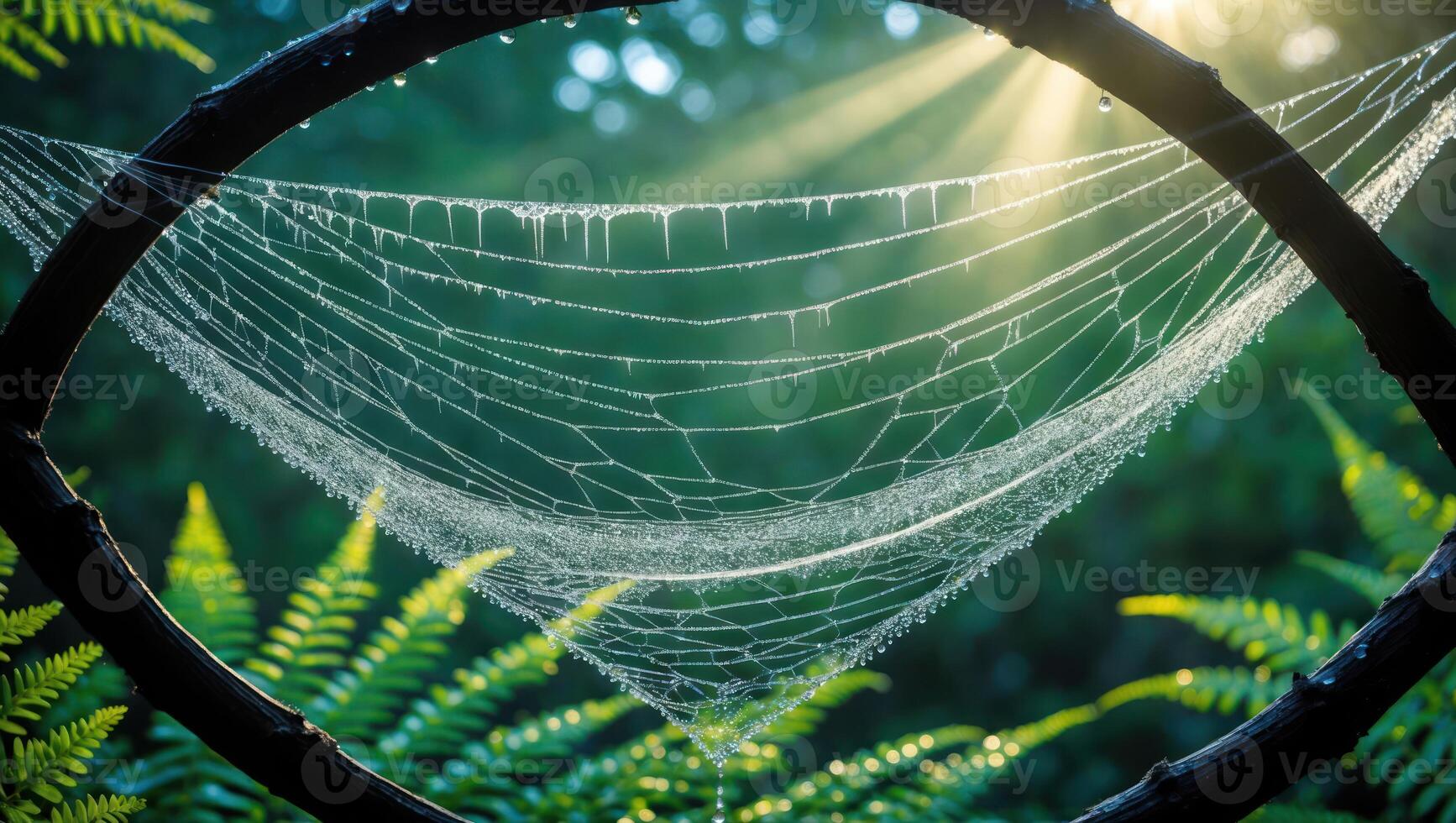 Dew Covered Cobweb Sparkling in Sunlight Among Ferns in the Forest photo