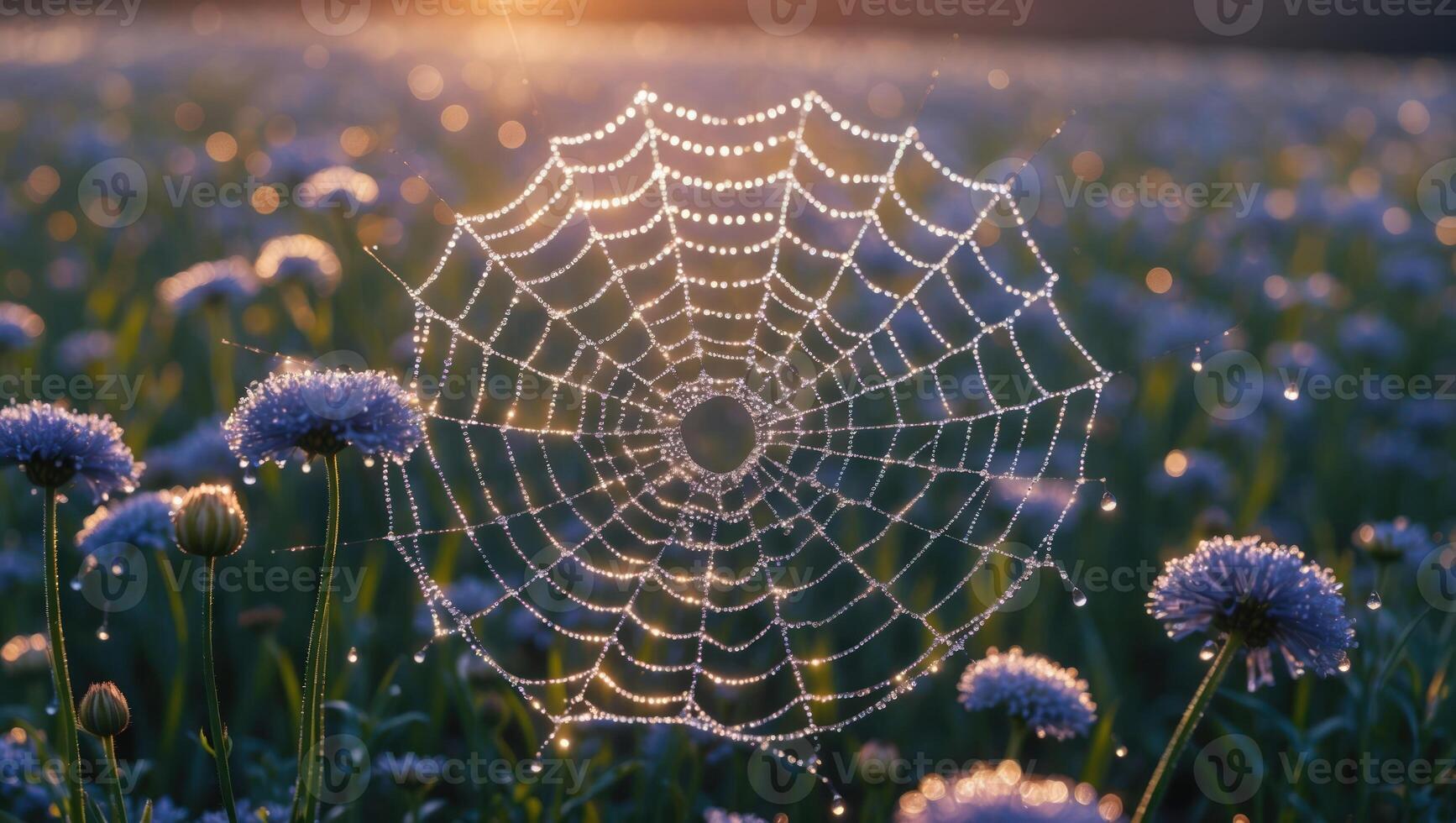 Dew Covered Spiderweb in Flower Field Shines in the Morning Light photo