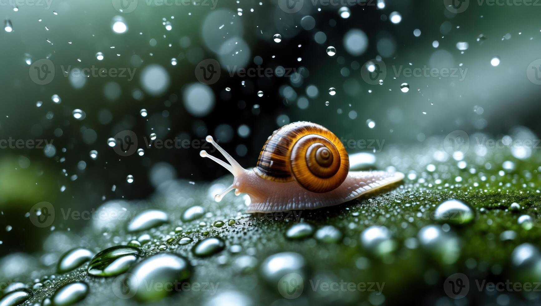 Snail Crawling on Leaf Covered in Water Droplets After Rain photo