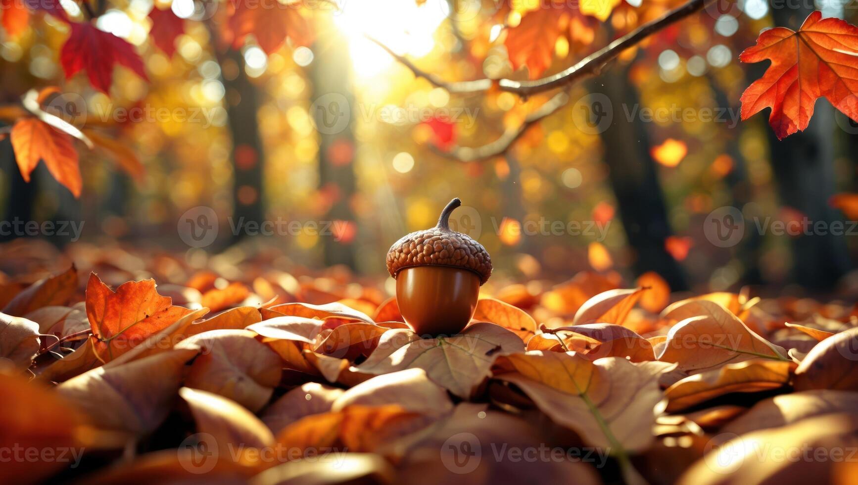 Acorn on Fallen Leaves in Autumn Forest Sunlight Scene photo