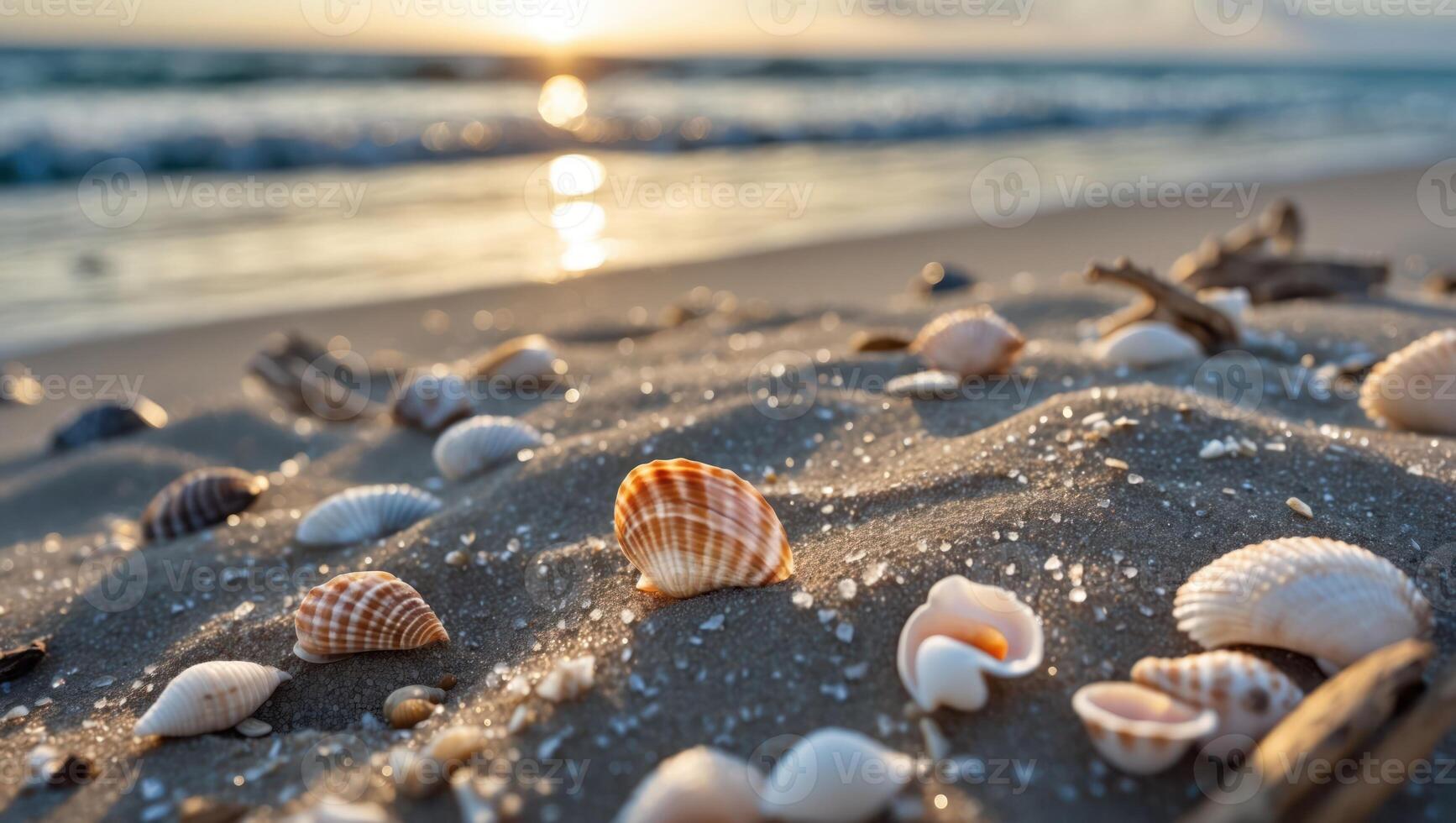 Seashells on Beach at Sunrise with Ocean View and Soft Light photo