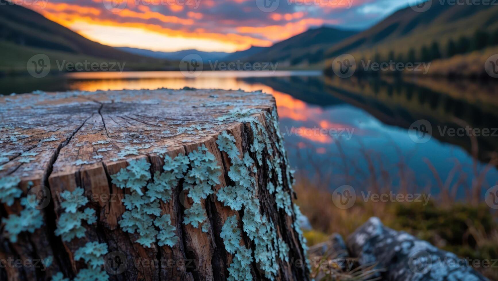 Tree Stump Covered in Moss at Lake with Vivid Sunset Scenery photo