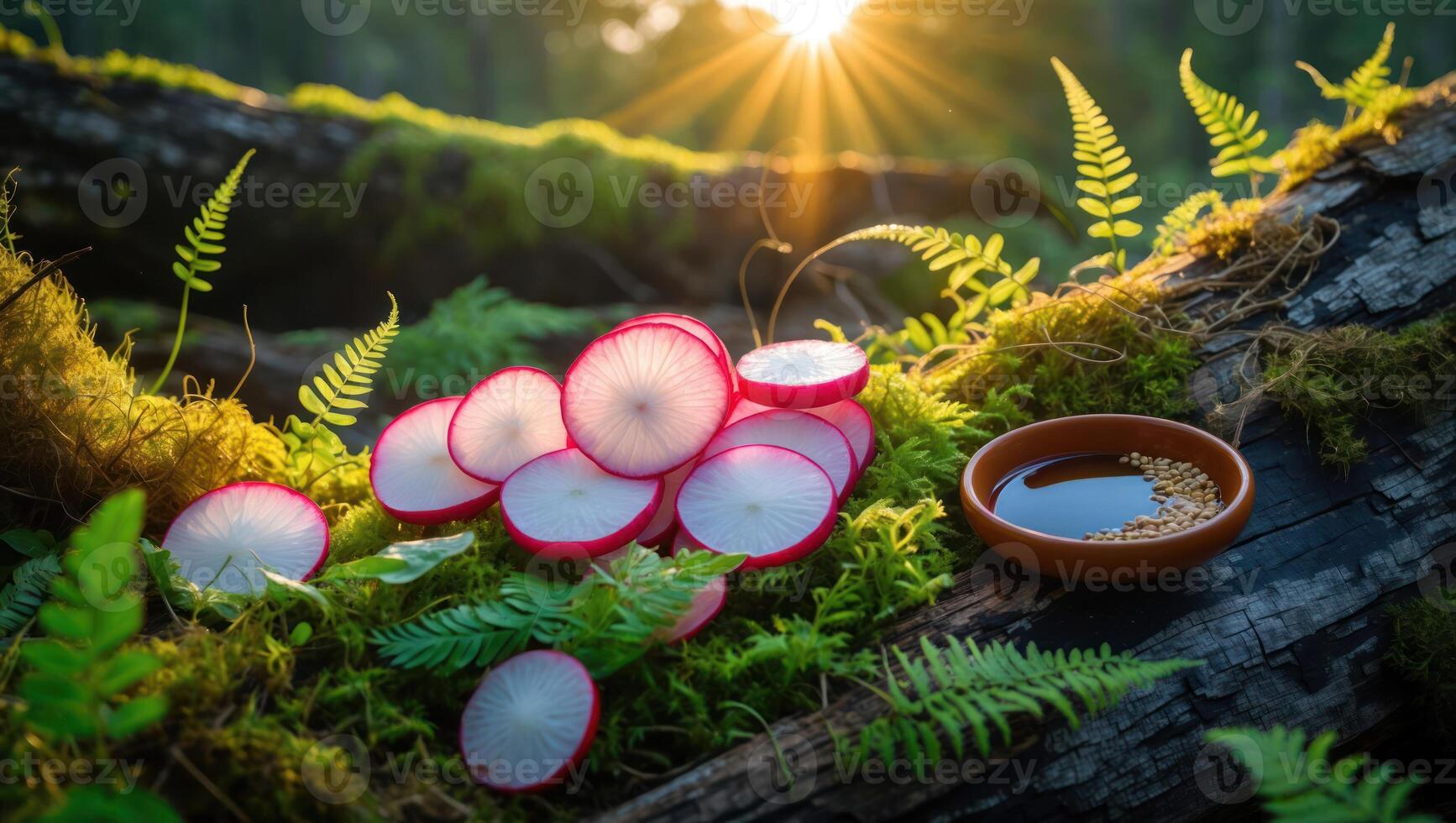 Sliced Radish on Mossy Log with Dip in a Fern Forest photo