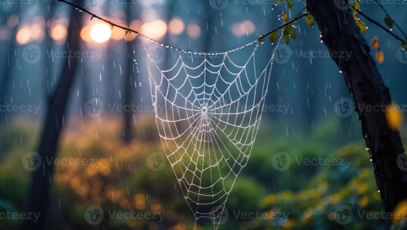 Spiderweb Hanging During Rain in Forest with Soft Light photo