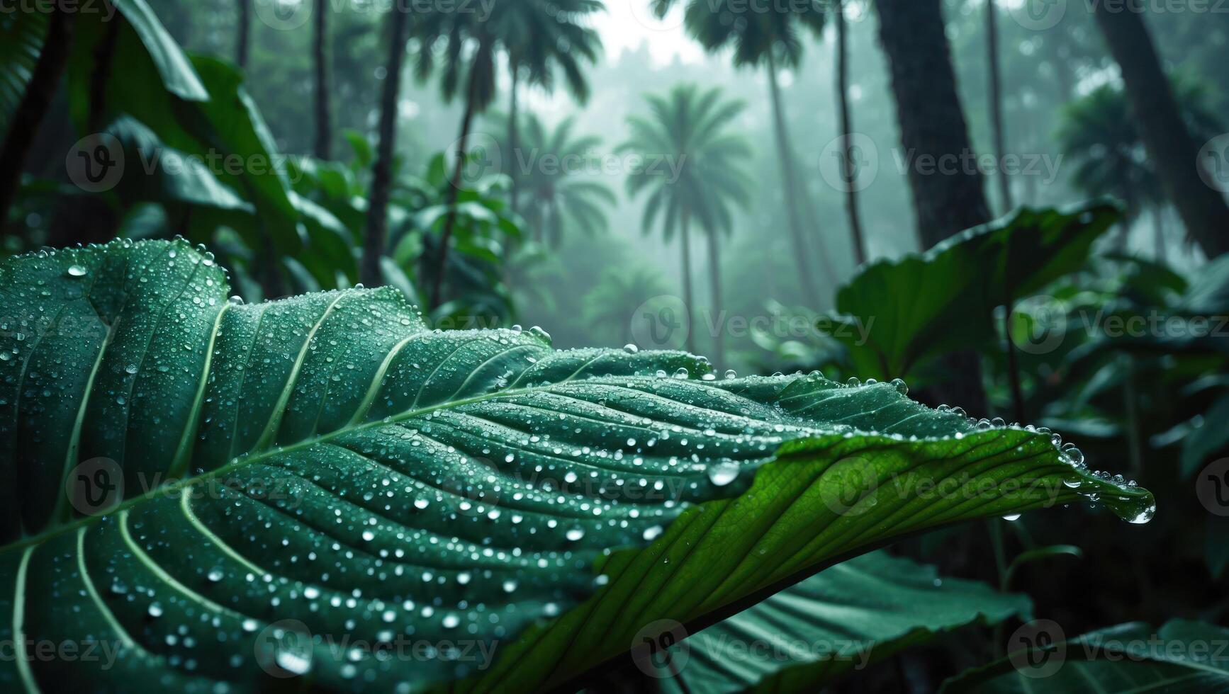 Close Up of Lush Green Leaf with Water Droplets in Jungle photo