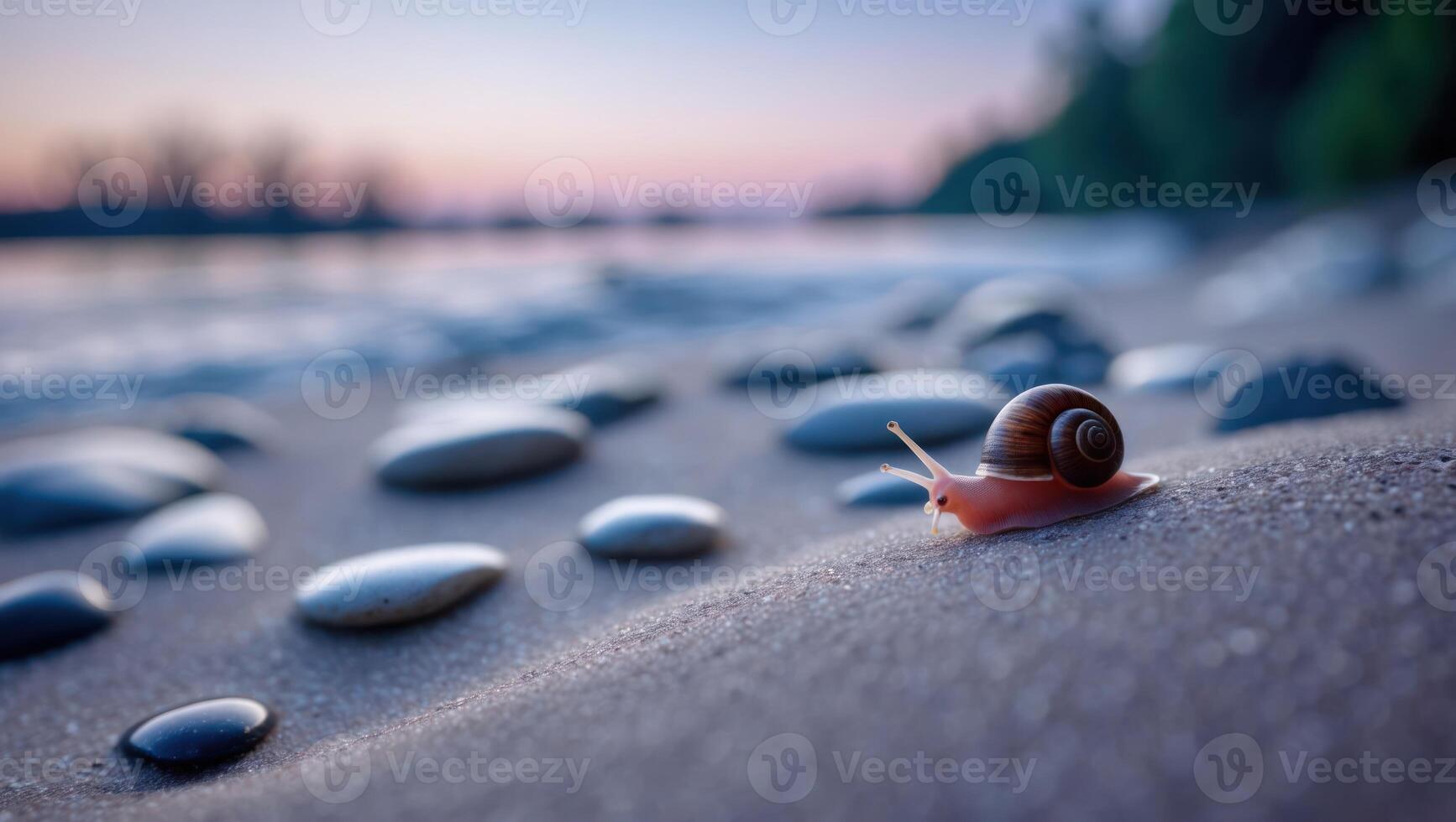Snail Crawling on Beach Sand at Dusk with Smooth Stones Around photo