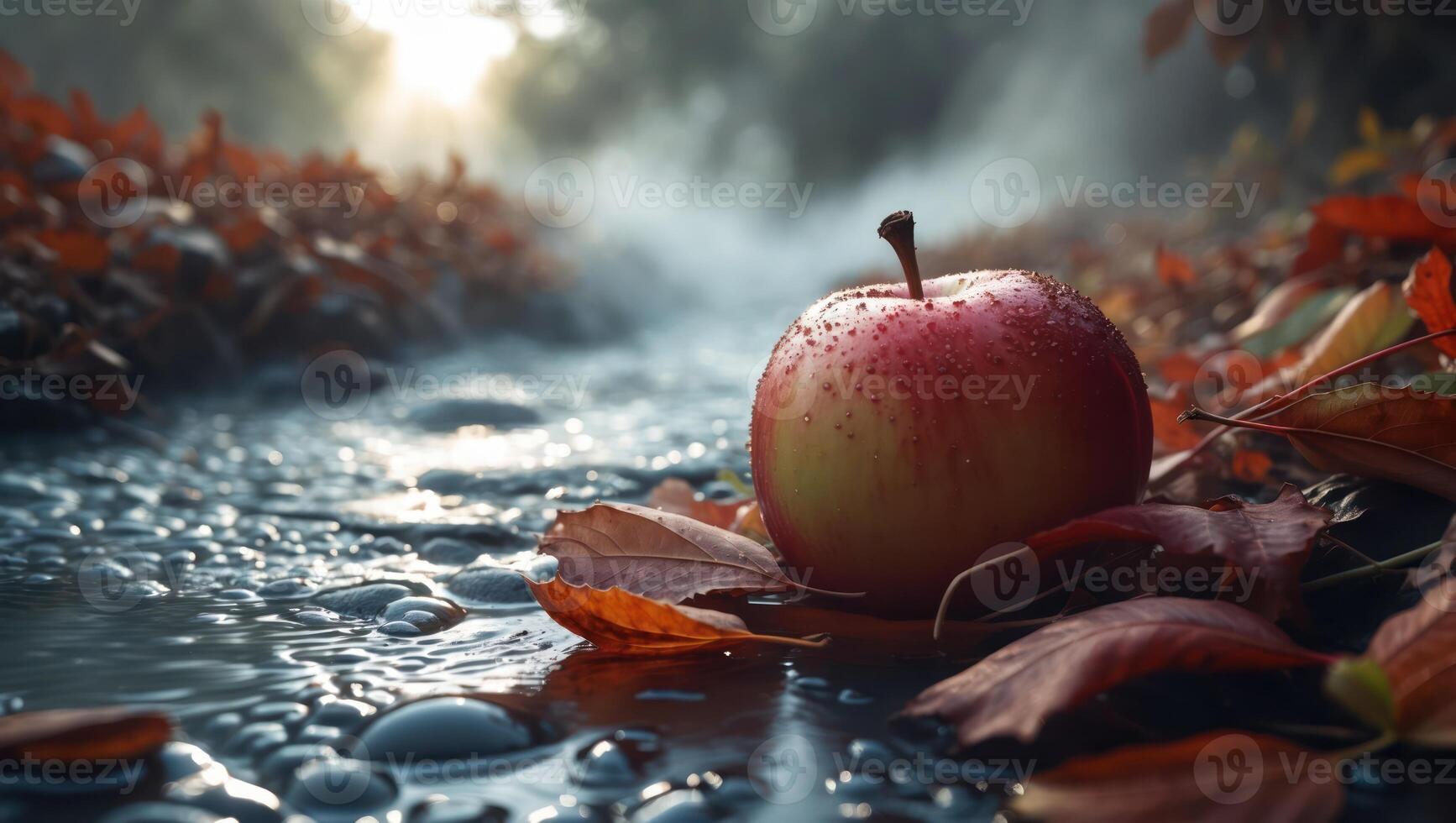 Fresh Red Apple Displayed Among Autumn Leaves Near Flowing Water photo