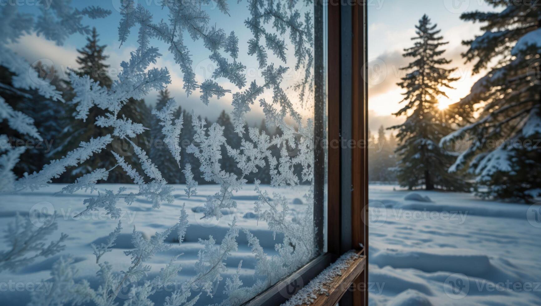 Winter Window View Snowy Landscape Frost Patterns and Evergreen Trees photo