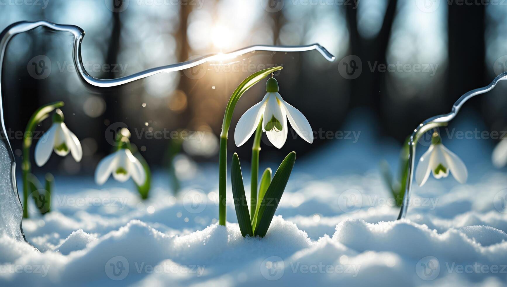 Snowdrop Flowers Emerging From Snow on a Sunny Winter Day photo