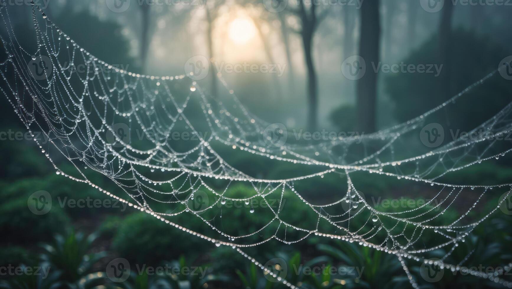 Spiderweb Covered with Dew Drops in a Misty Forest Scene photo