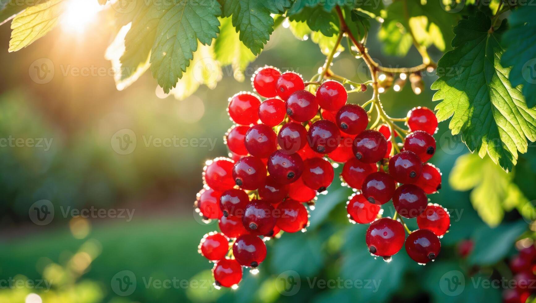 Red Currant Berries Hanging on Branch with Sunlight in Garden photo