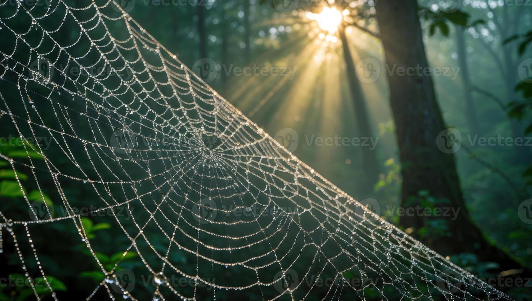 Dew Covered Spiderweb Shines in Forest Sunlight Streaming Through Trees photo