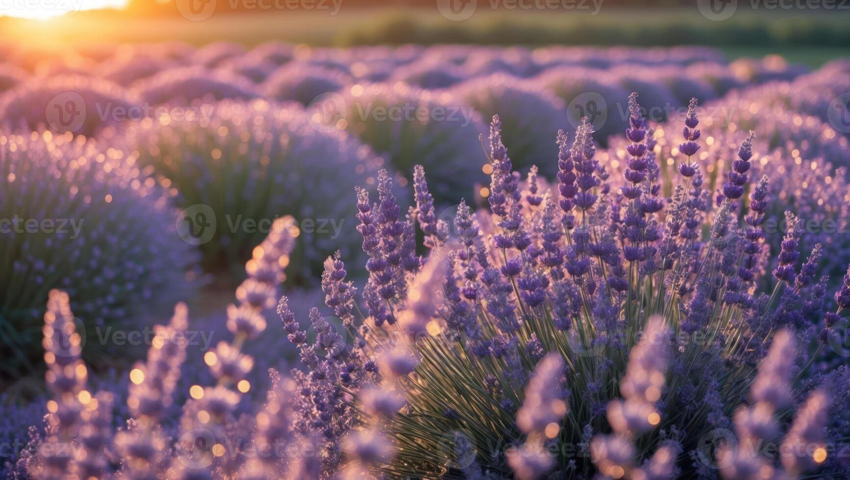 Lavender Field Blooming at Sunset with Warm Light and Hazy Atmosphere photo