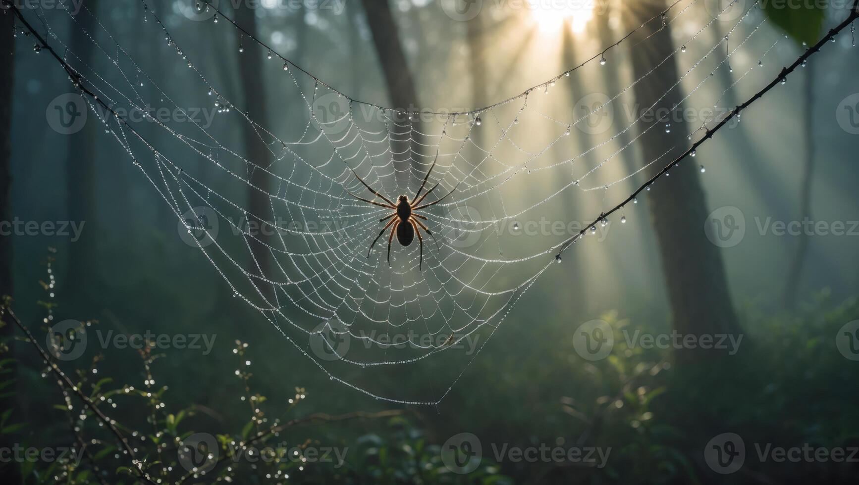 Spider in Web Covered with Dew in Misty Morning Forest Light photo
