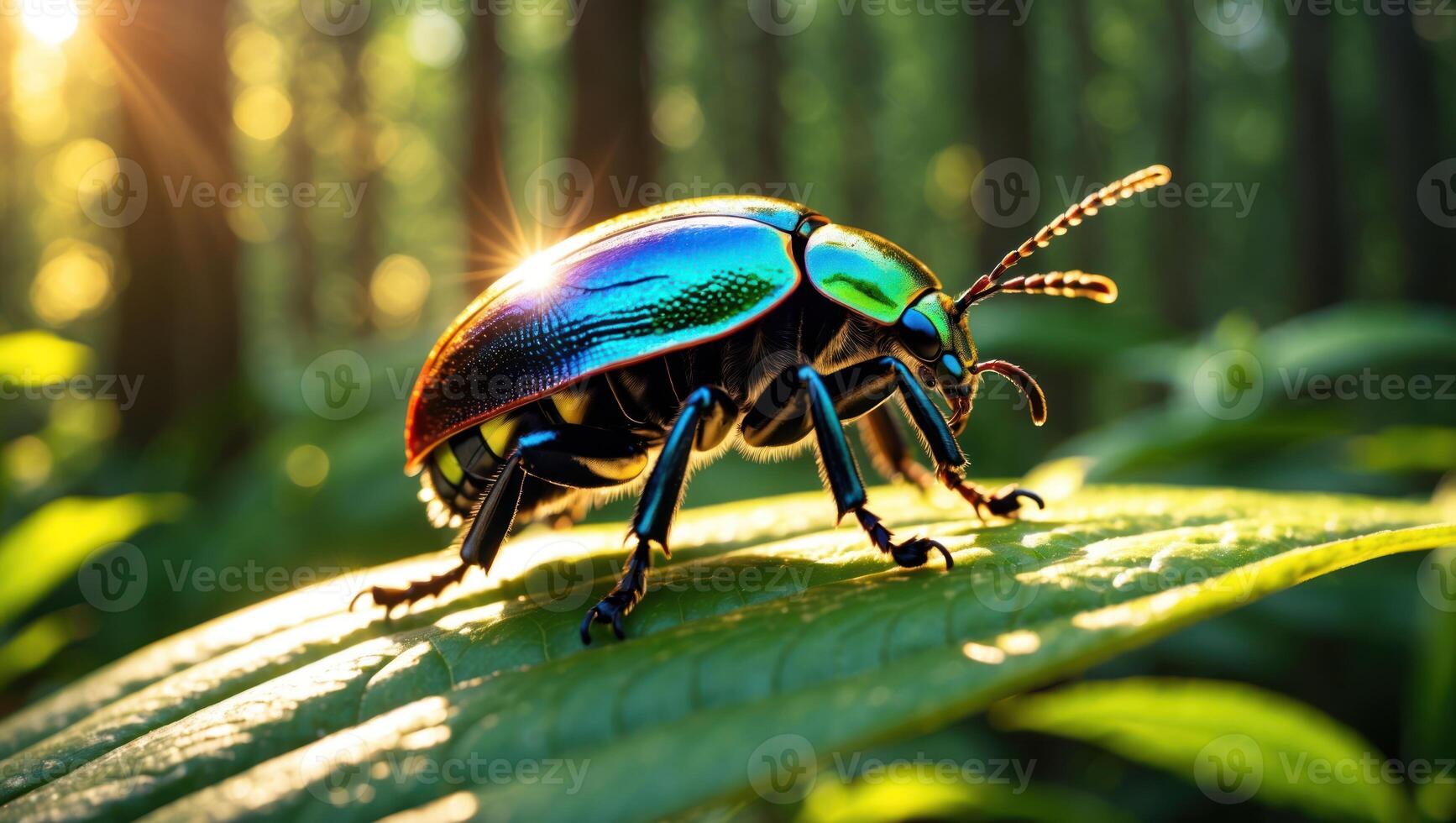 Iridescent Beetle Crawling on Leaf in Forest with Sunlight photo