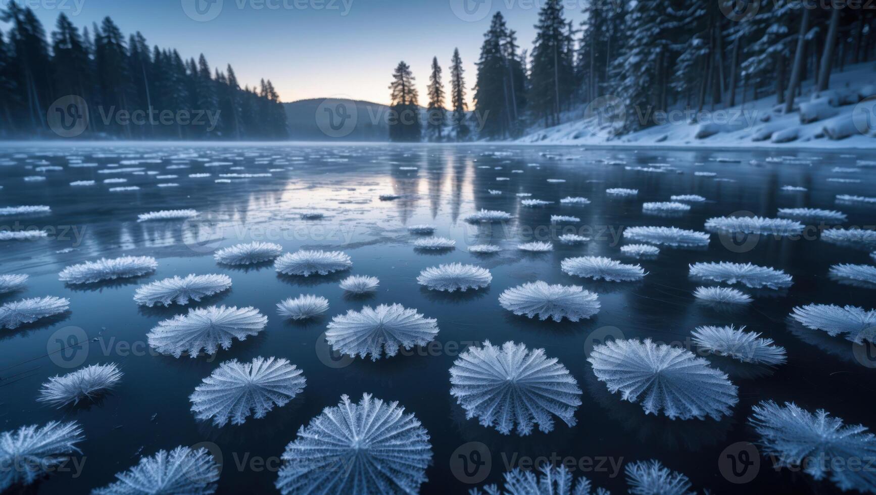 Frozen Lake with Ice Formations and Snowy Forest at Dusk Scenery photo
