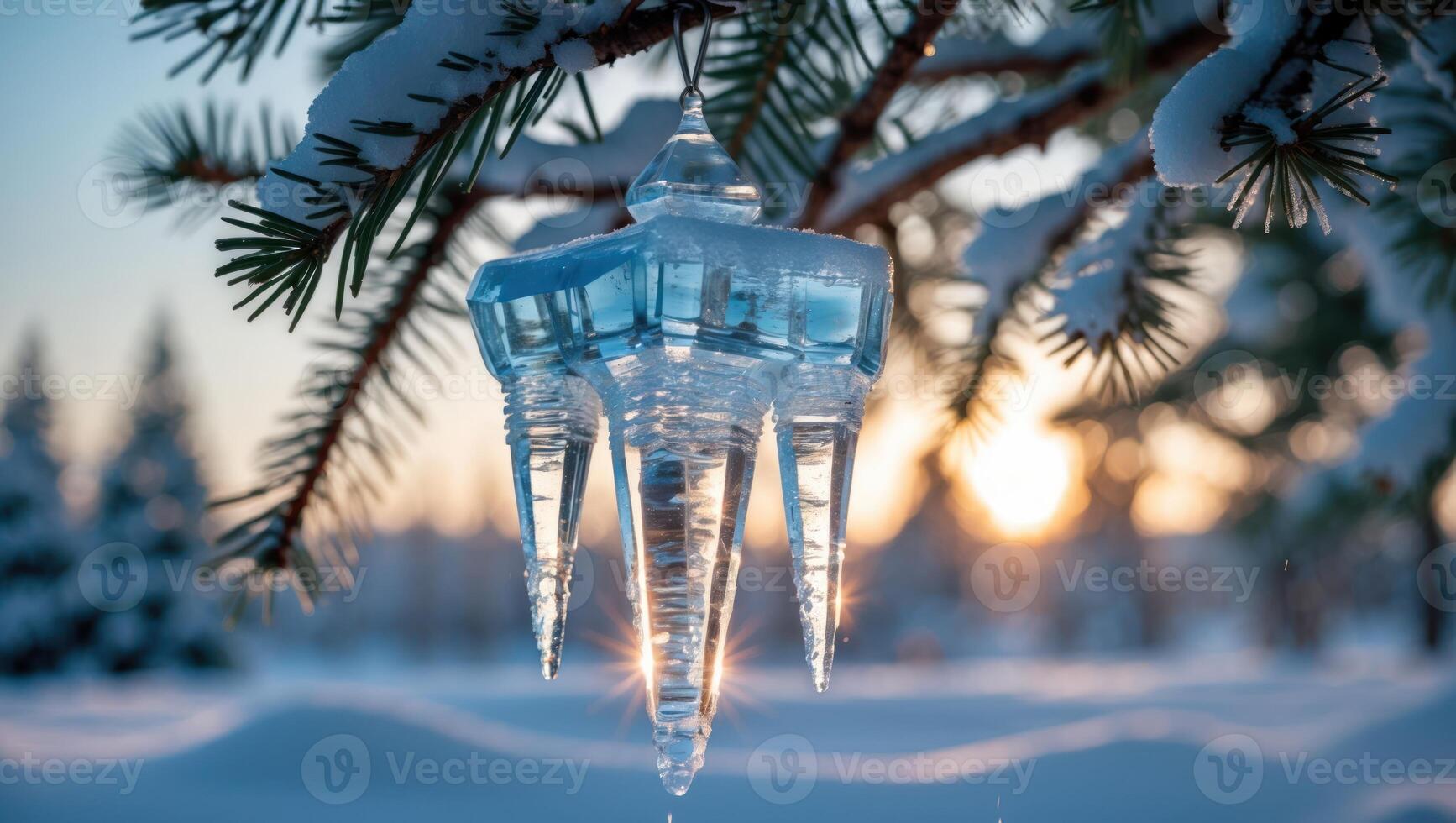 Icicle Hanging From Snowy Evergreen Branch with Winter Sunset View photo