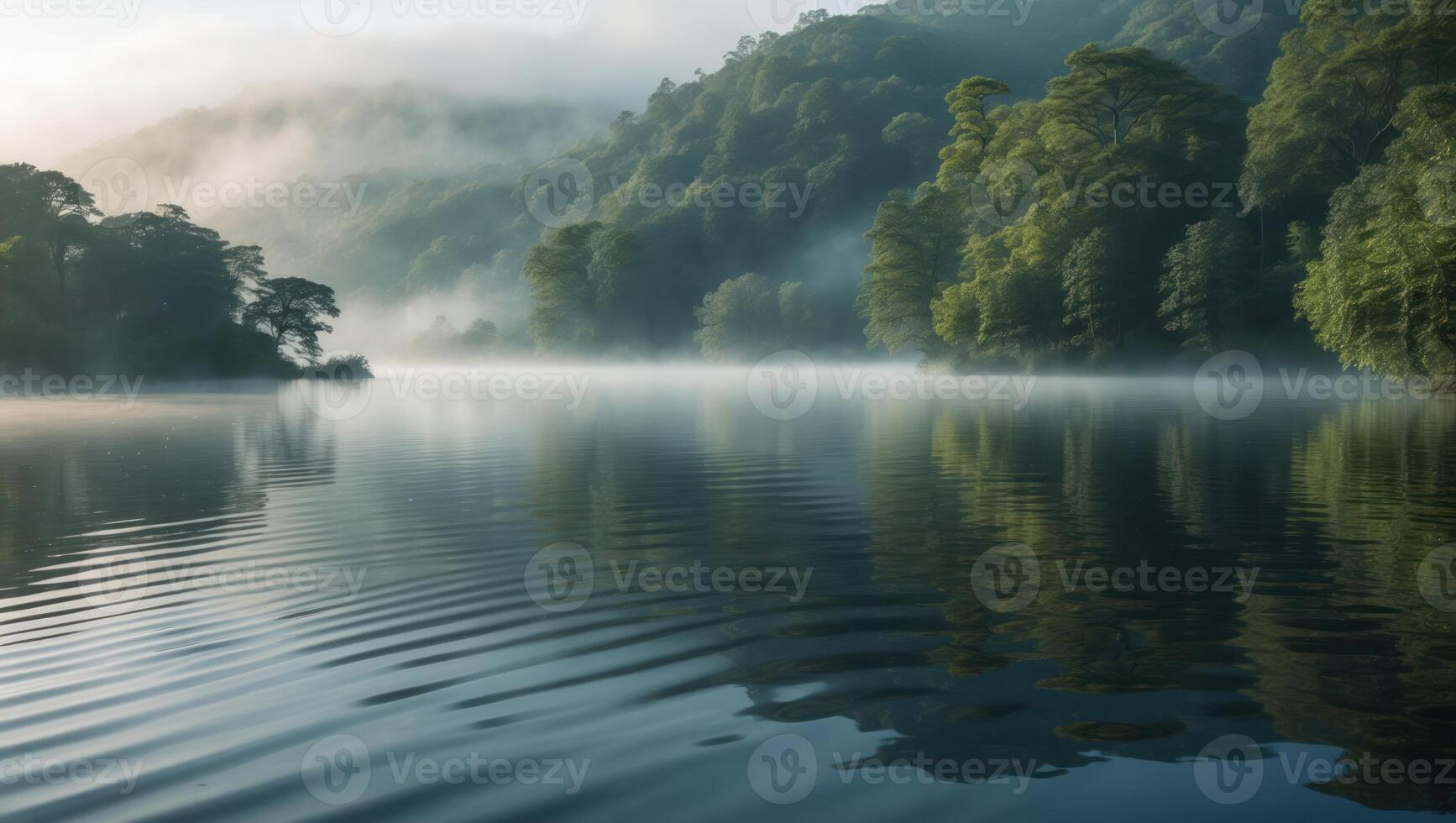 Calm Lake Reflecting Forest and Mist at Dawn Serene Nature Scene photo