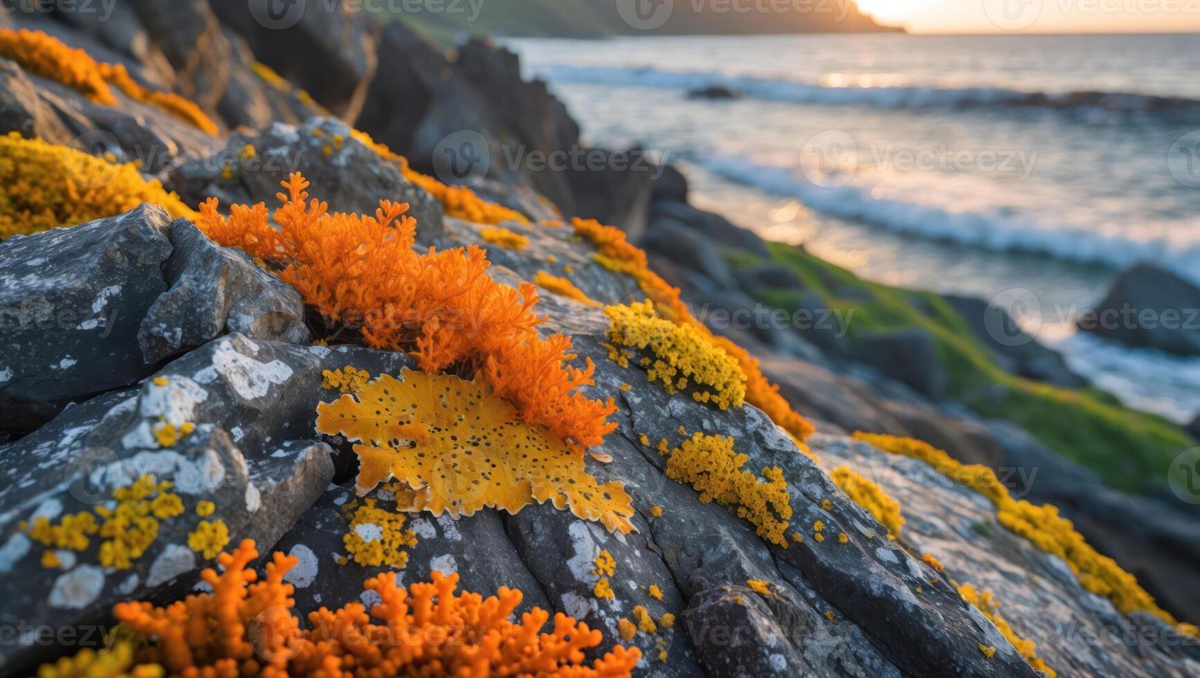 Colorful Lichen Growing on Coastal Rocks Near the Ocean Water photo