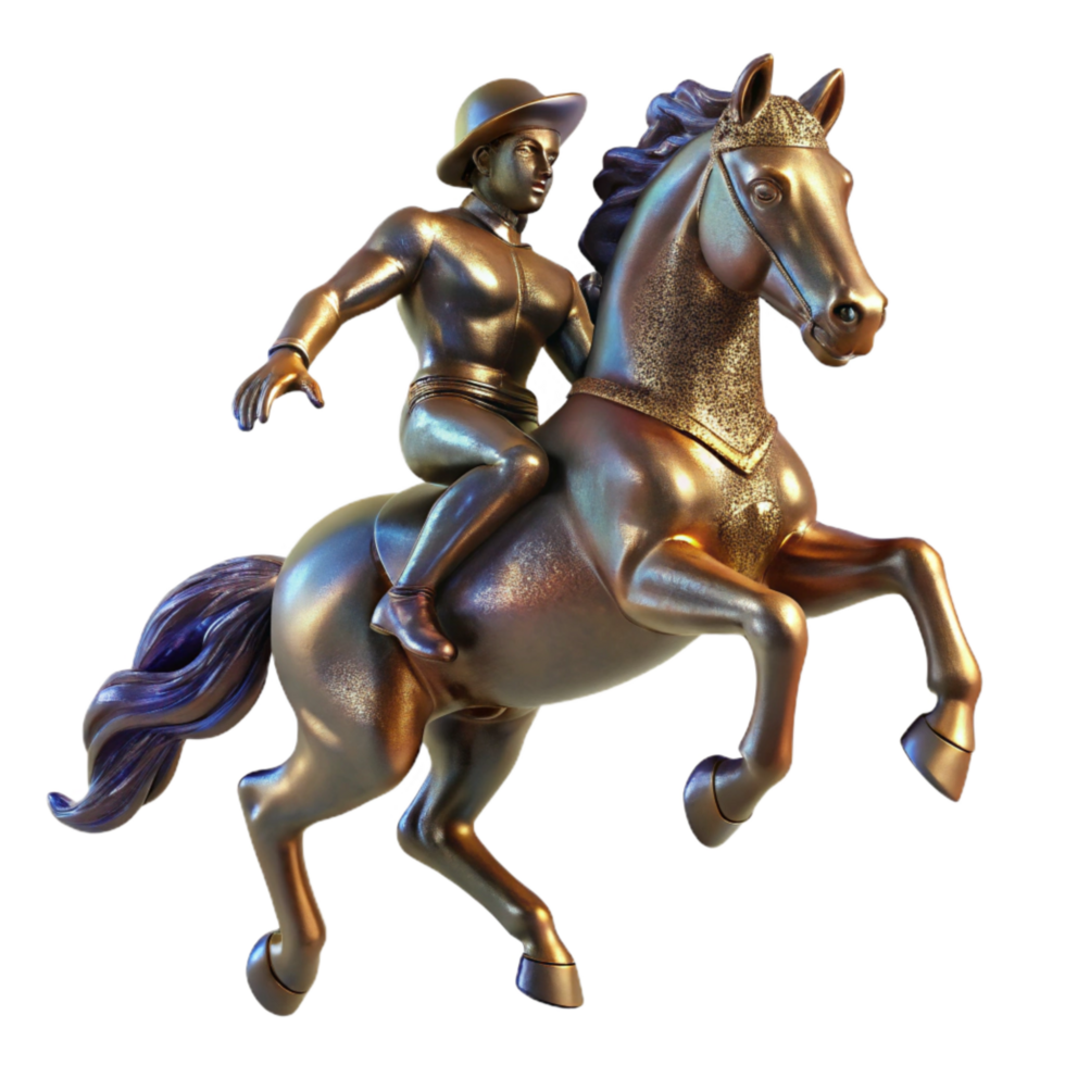 dramatic artistic Bronze Sculpture Horse Rider Action Pose Isolated Element authentic png