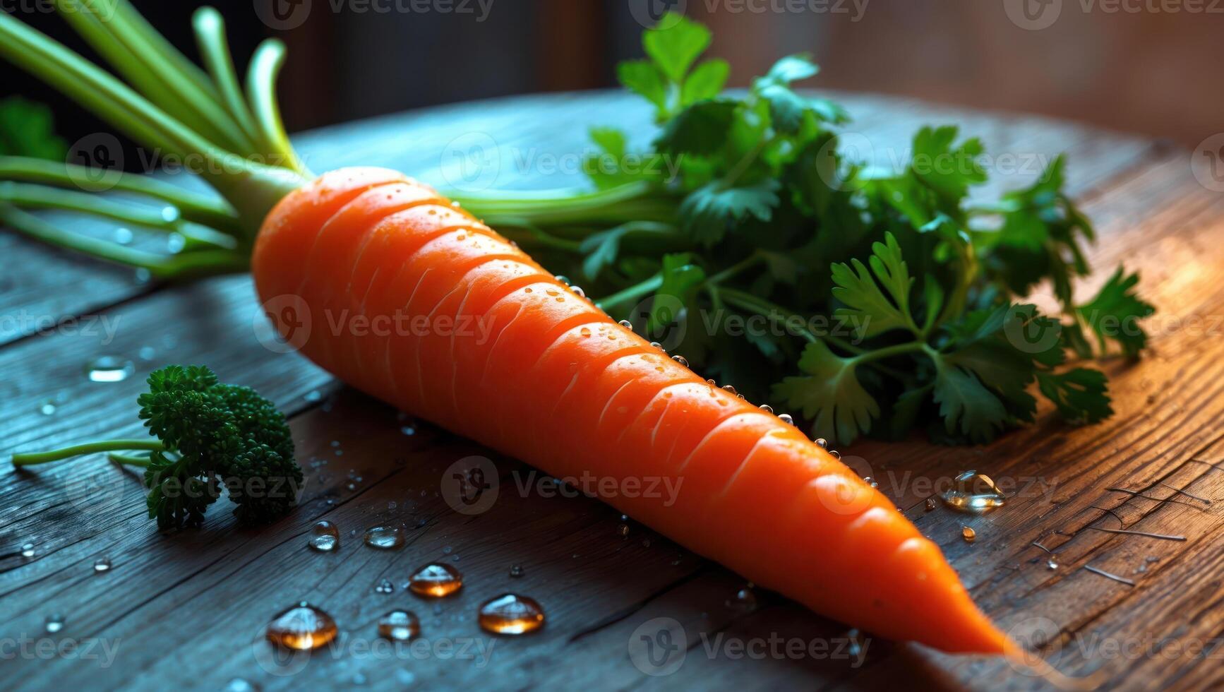 Fresh Carrot with Green Parsley on Rustic Wooden Table Surface photo