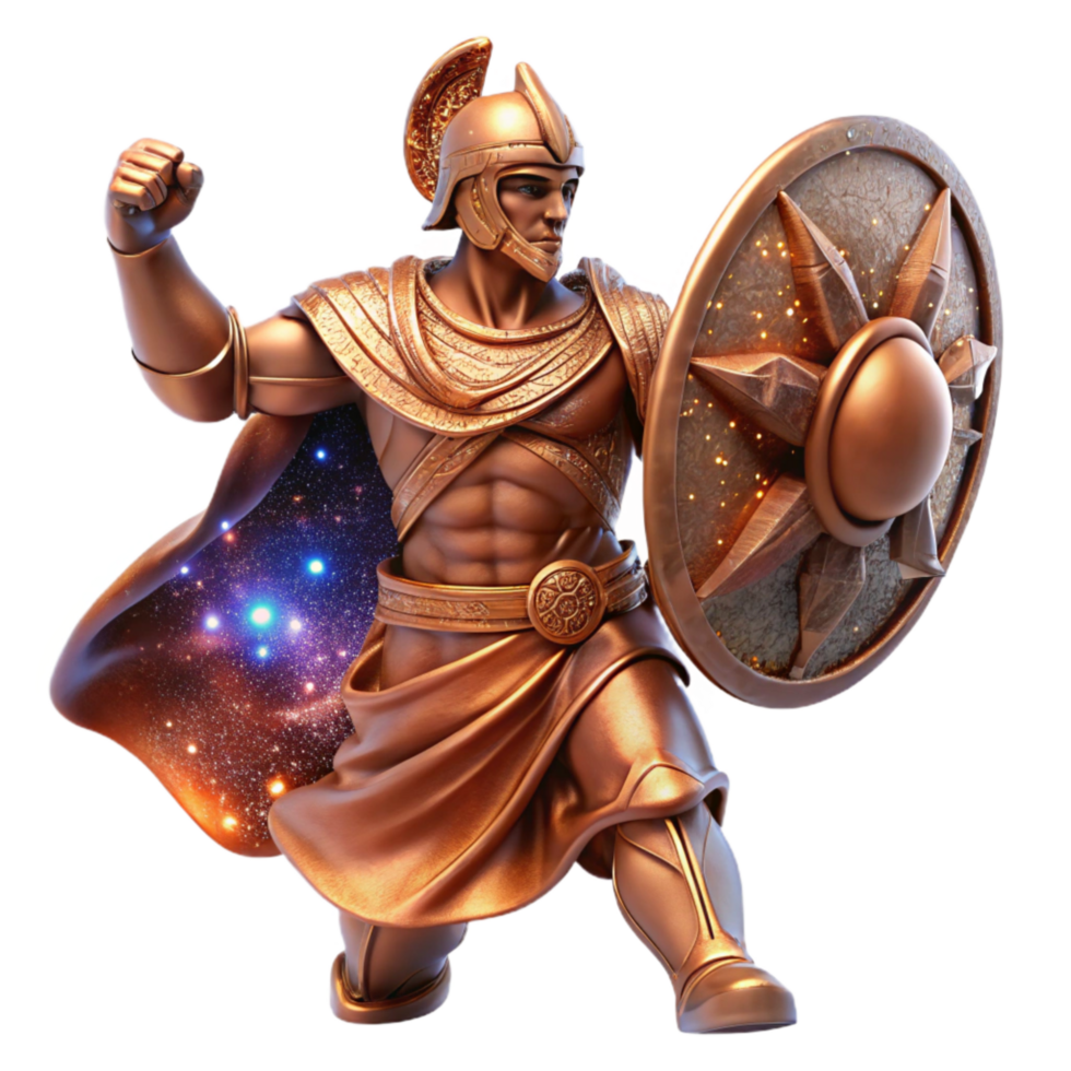 wonderful minimalist Bronze Sculpture Warrior with Shield Heroic Pose Isolated Element detailed png